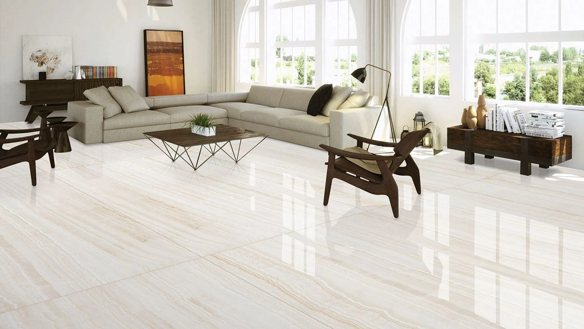 Onyx White Travertine Rectified Glazed Polished Porcelain Tile 1200 x 2400mm