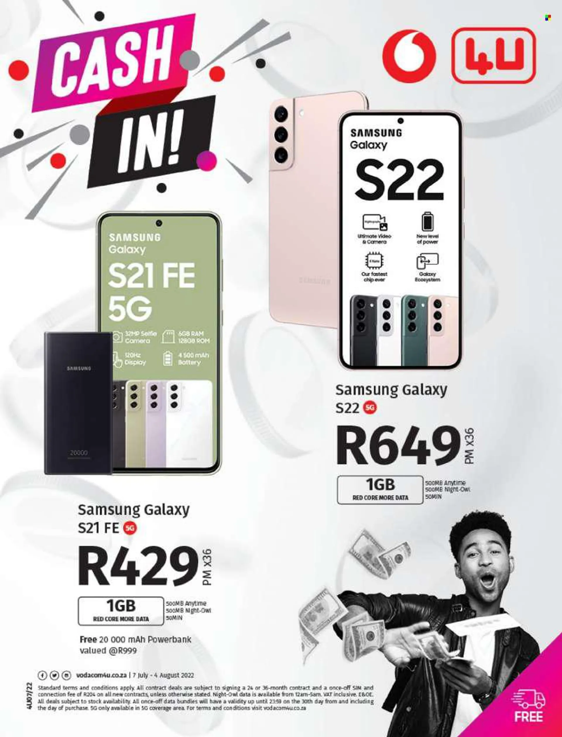 Vodacom catalogue  - 07/07/2022 - 04/08/2022 - Sales products - Samsung Galaxy, Samsung, Samsung Galaxy S, Samsung Galaxy S21, power bank. Page 1.