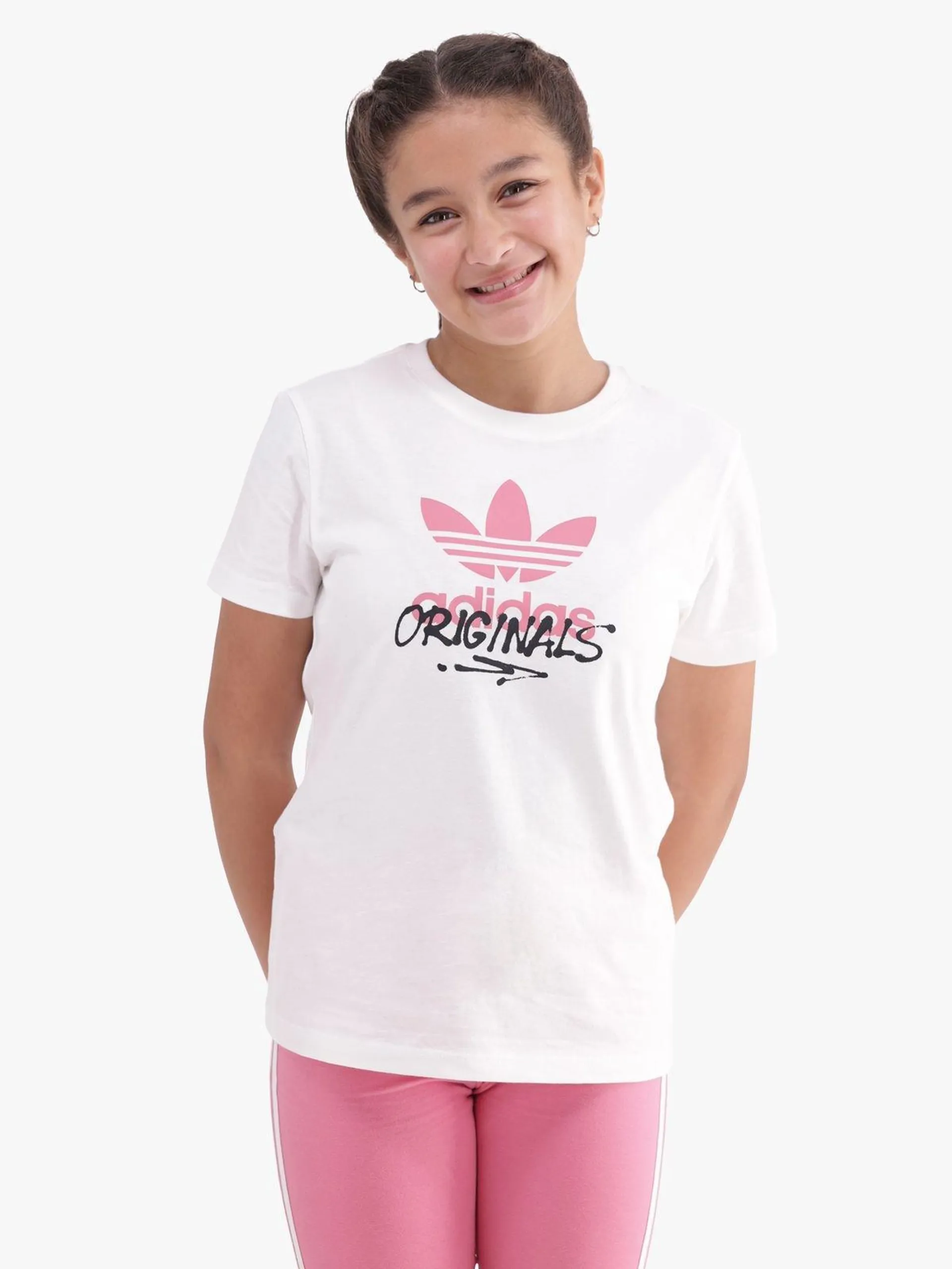 adidas Originals Girls Pink Spray Trefoil White T-shirt