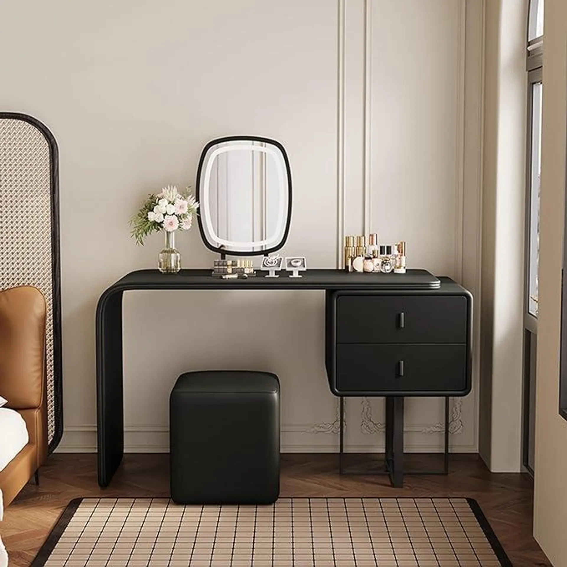 KC FURN-Dueville Black Makeup Vanity with Stool