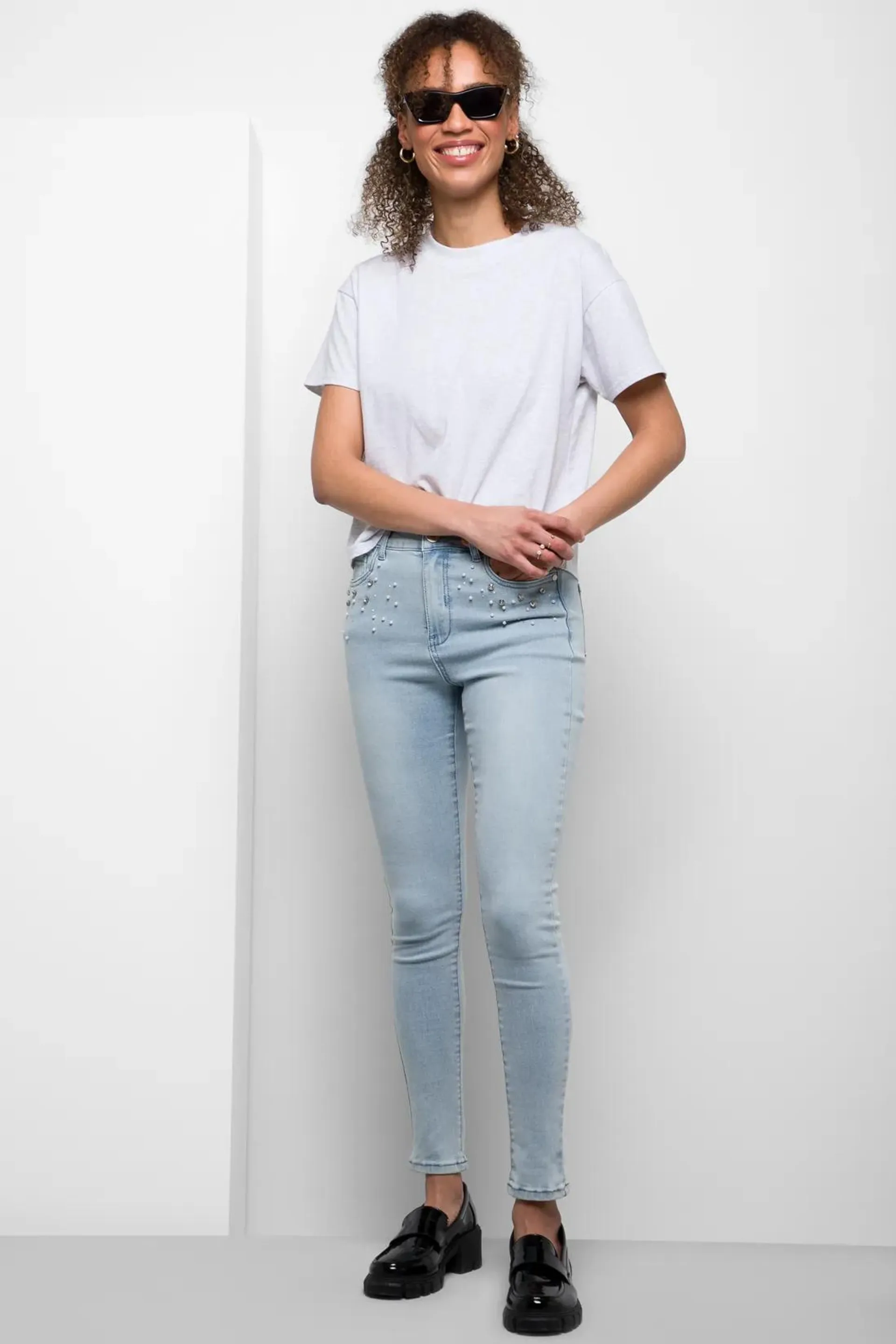 Embellished skinny denim jeans light blue