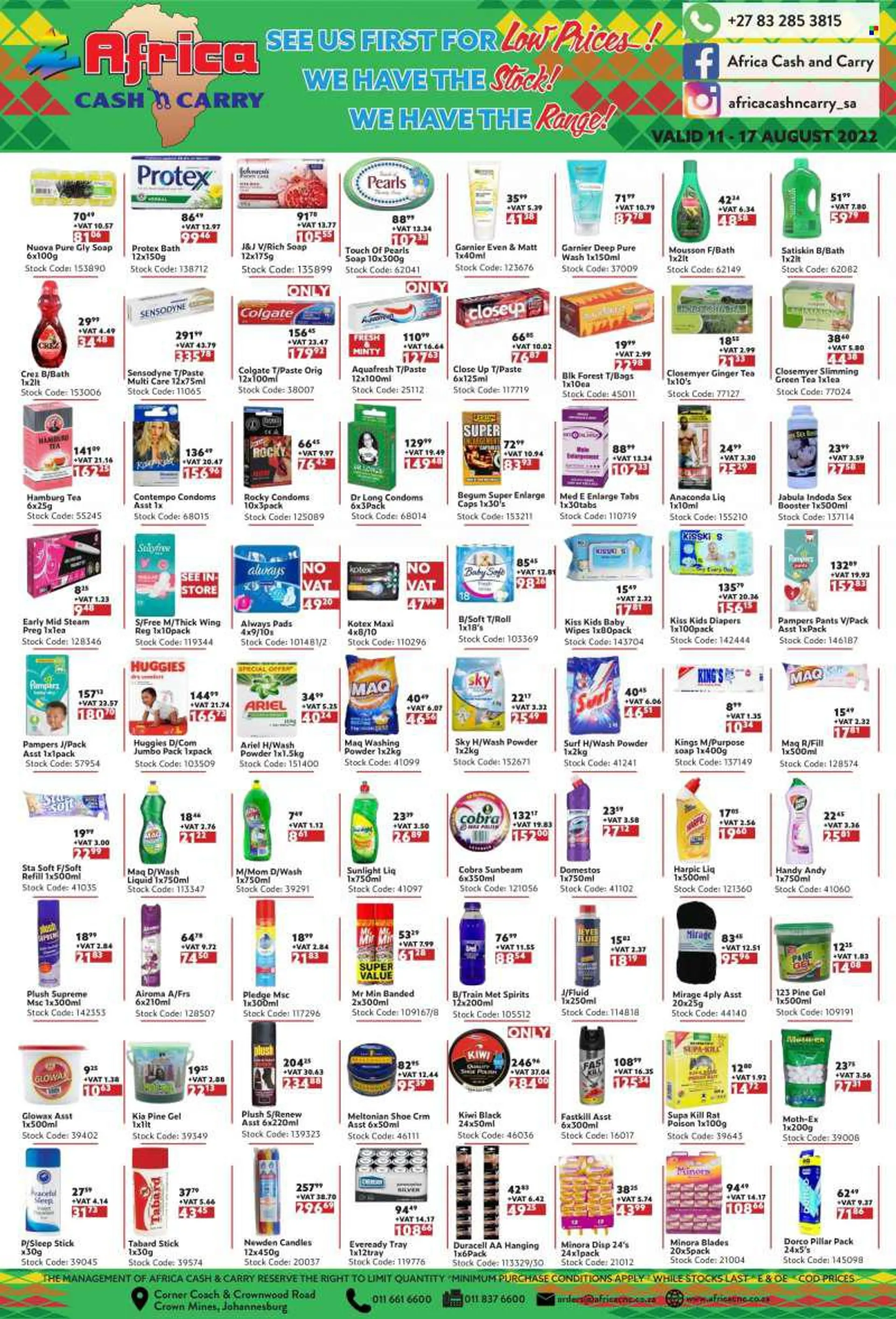 Africa Cash &amp; Carry catalogue  - 11/08/2022 - 17/08/2022 - Sales products - kiwi, cod, green tea, tea, wipes, Huggies, Pampers, pants, baby wipes, nappies, Domestos, Harpic, Pledge, Ariel, laundry powder, Sunlight, Surf, Protex, Mousson, Satiskin, soa