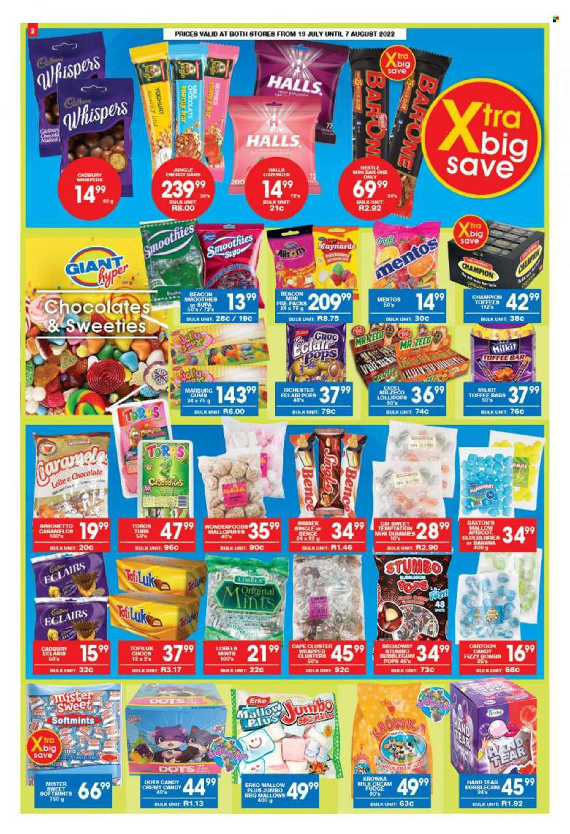 Giant Hyper catalogue  - 19/07/2022 - 07/08/2022 - Sales products - blueberries, yoghurt, milk, Fudge, marshmallows, Nestlé, Halls, chocolate, Mentos, Toffees, toffee, jelly, bubblegum, lollipop, Cadbury, energy bars, Monster, smoothie, LOr. Page 2.