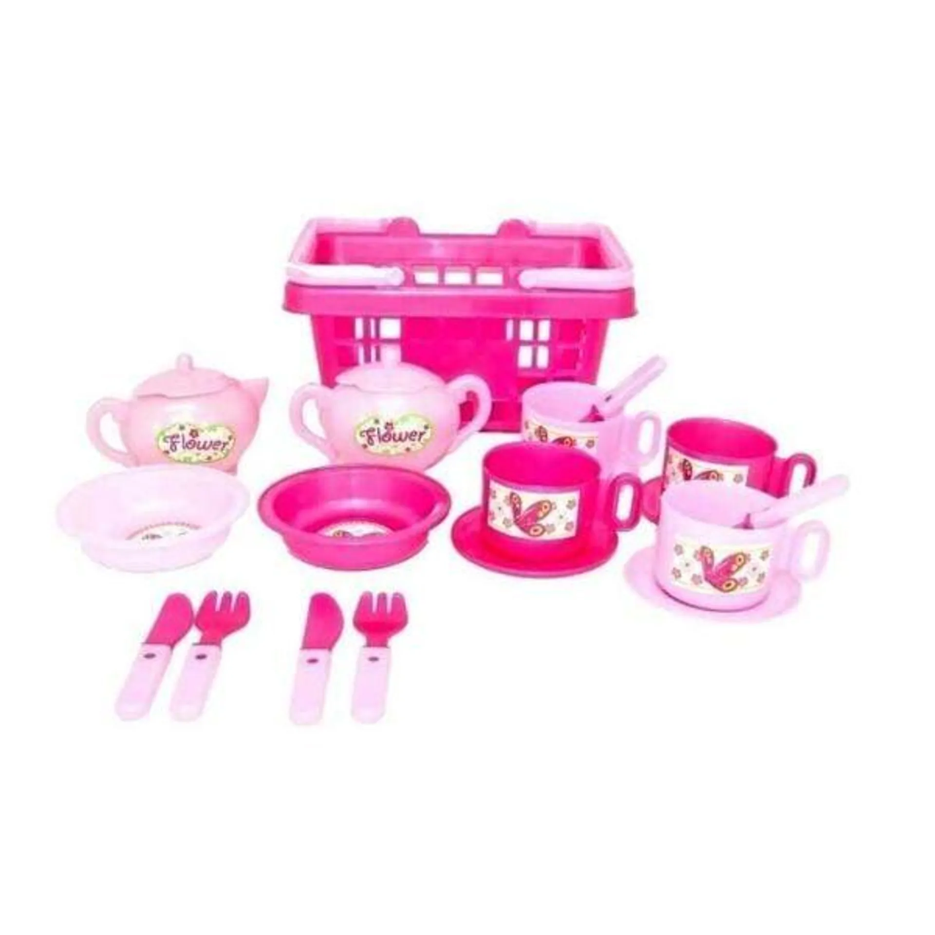 Tea Set in Plastic Basket Pink - 21 Pieces