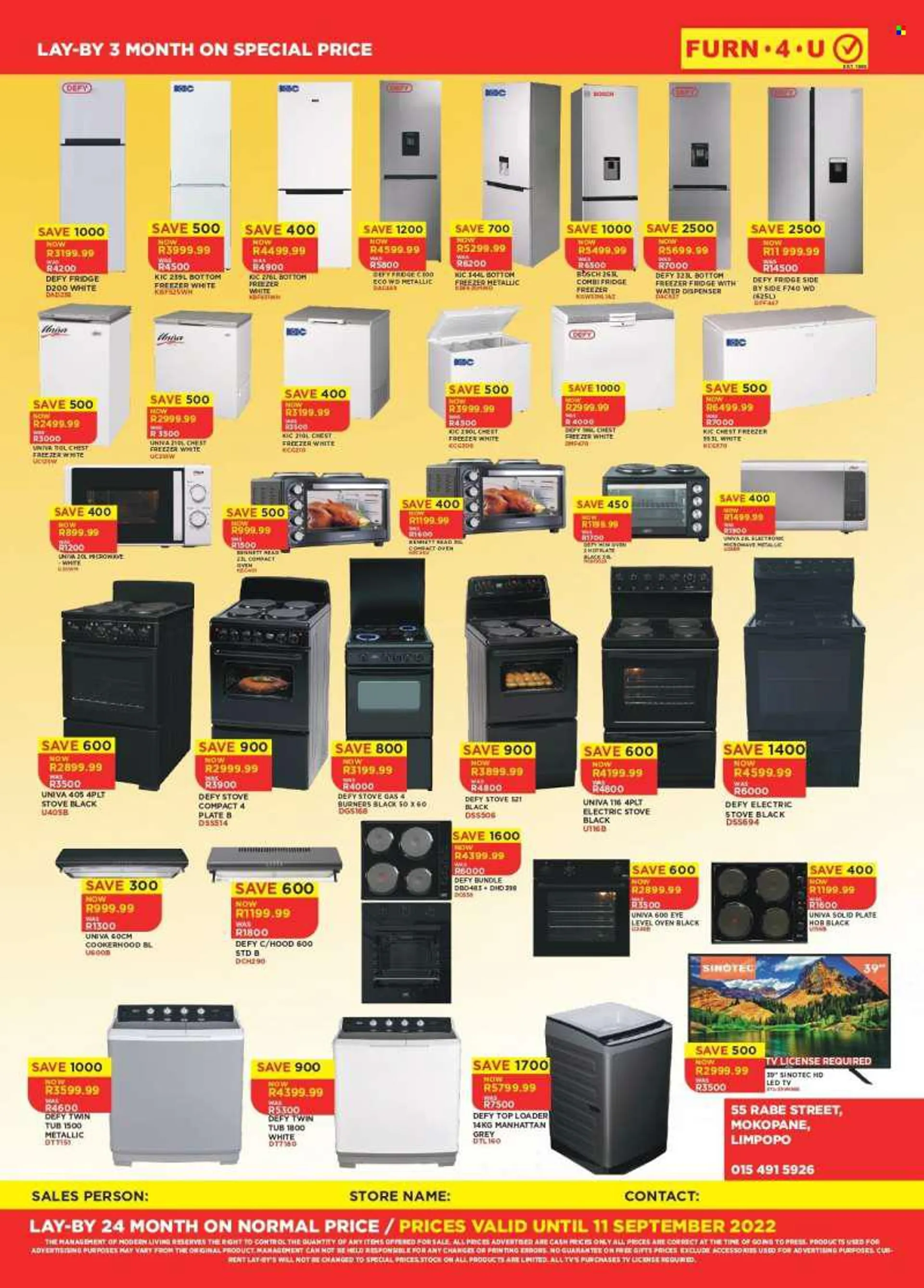 Furn 4 U catalogue  - 24/07/2022 - 11/09/2022 - Sales products - dispenser, plate, top loader, WD, LED TV, TV, SINOTEC, Bosch, freezer, chest freezer, refrigerator, fridge, oven, stove, compact oven, electric stove, microwave oven, hob, Bennett Read. Page