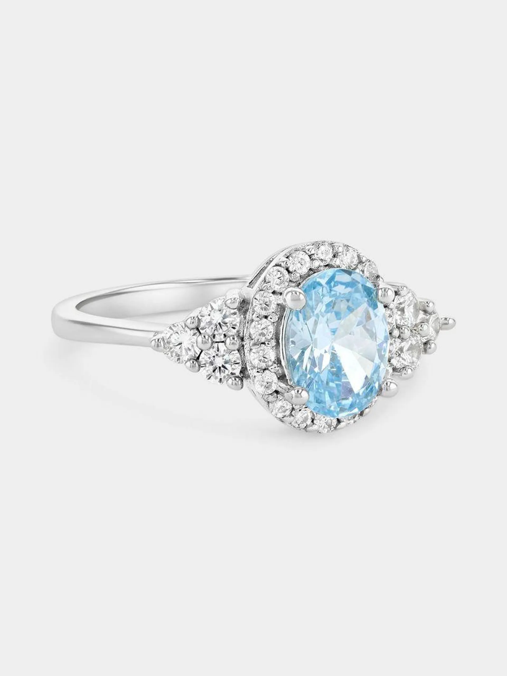 Sterling Silver Aquamarine Cubic Zirconia Oval Halo Ring