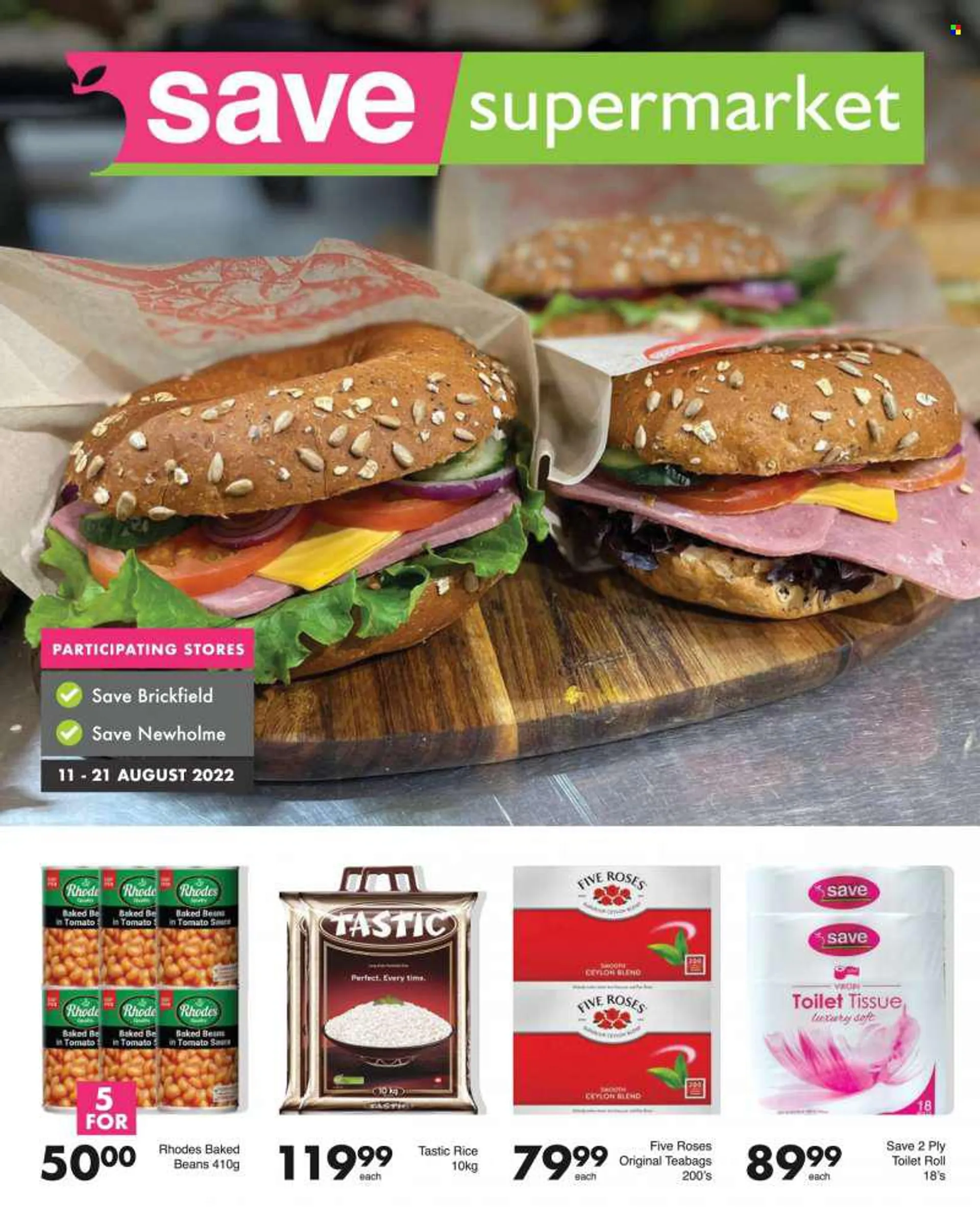 Save supermarket catalogue  - 11/08/2022 - 21/08/2022 - Sales products - beans, baked beans, rice, Tastic, tea bags, toilet paper. Page 1.