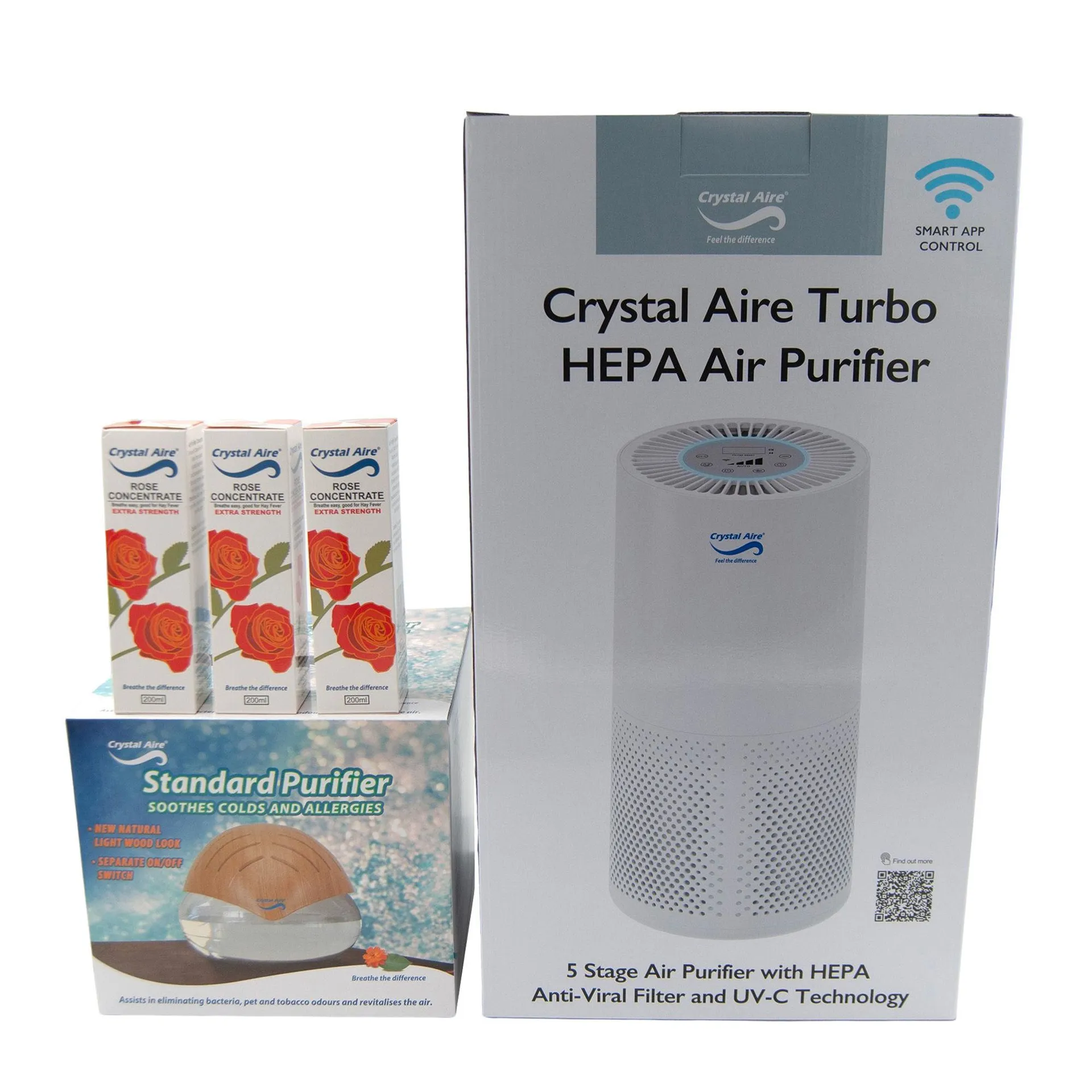 Crystal Aire Turbo HEPA Air Purifier and Standard Purifier Bundle with 200ml Rose Concentrate