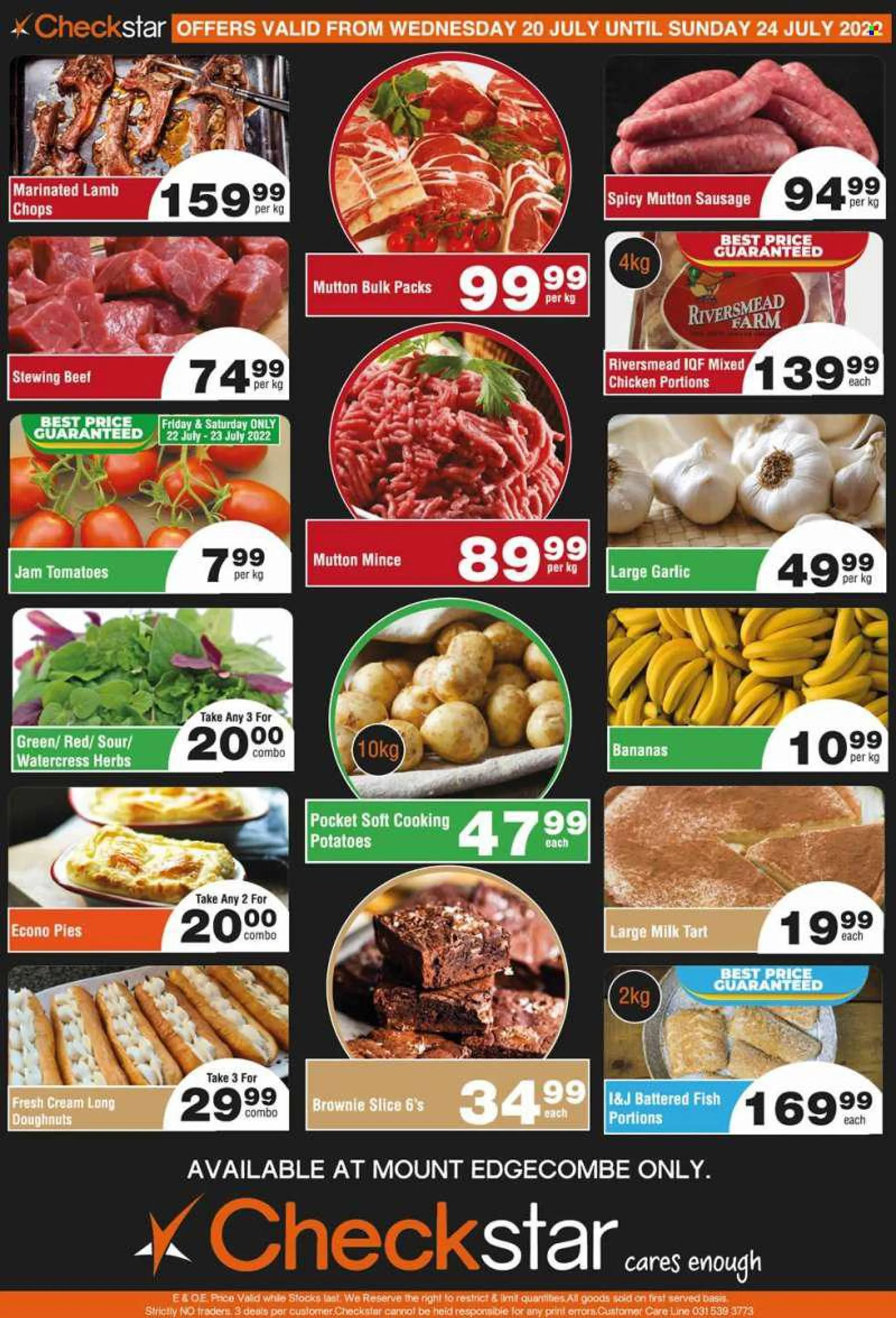 Checkstar catalogue  - 20/07/2022 - 24/07/2022 - Sales products - tart, brownies, donut, milk tart, garlic, tomatoes, potatoes, bananas, fish, sausage, milk, watercress, jam, beef meat, stewing beef, lamb chops, lamb meat, mutton meat. Page 1.