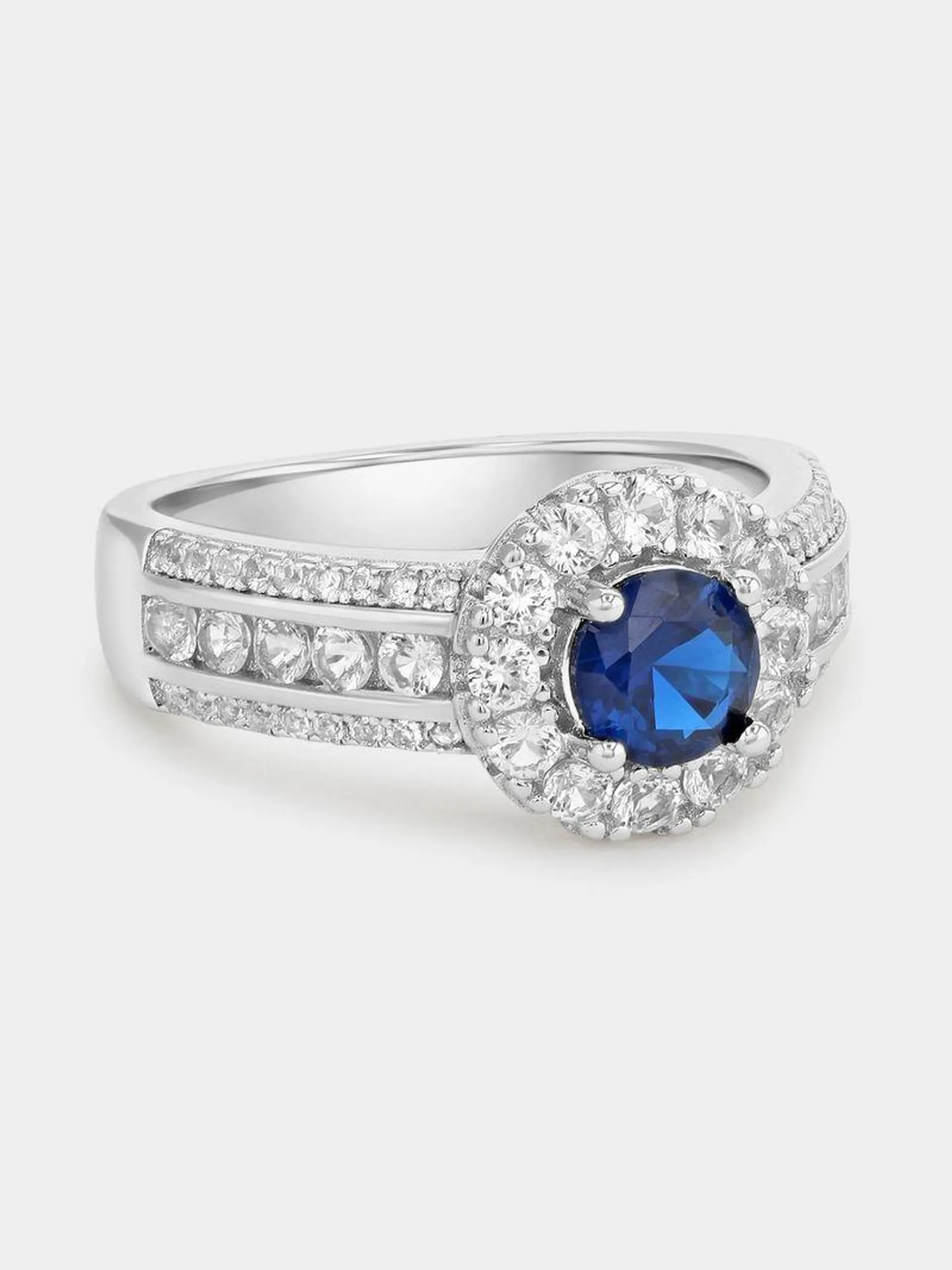 Sterling Silver Diamond & Created Blue Spinel Round Halo Ring