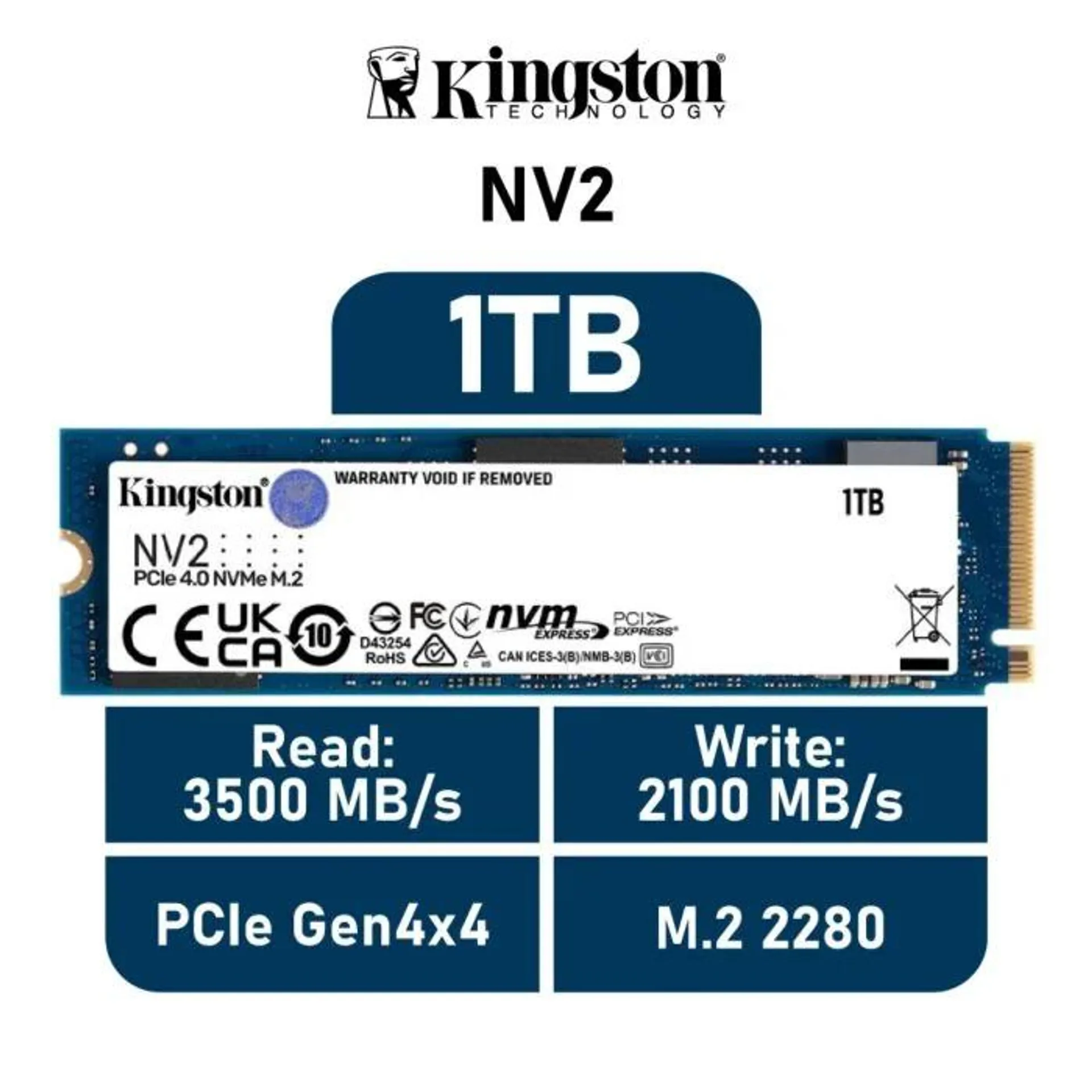 Kingston NV2 1TB PCIe Gen4x4 SNV2S/1000G M.2 2280 Solid State Drive