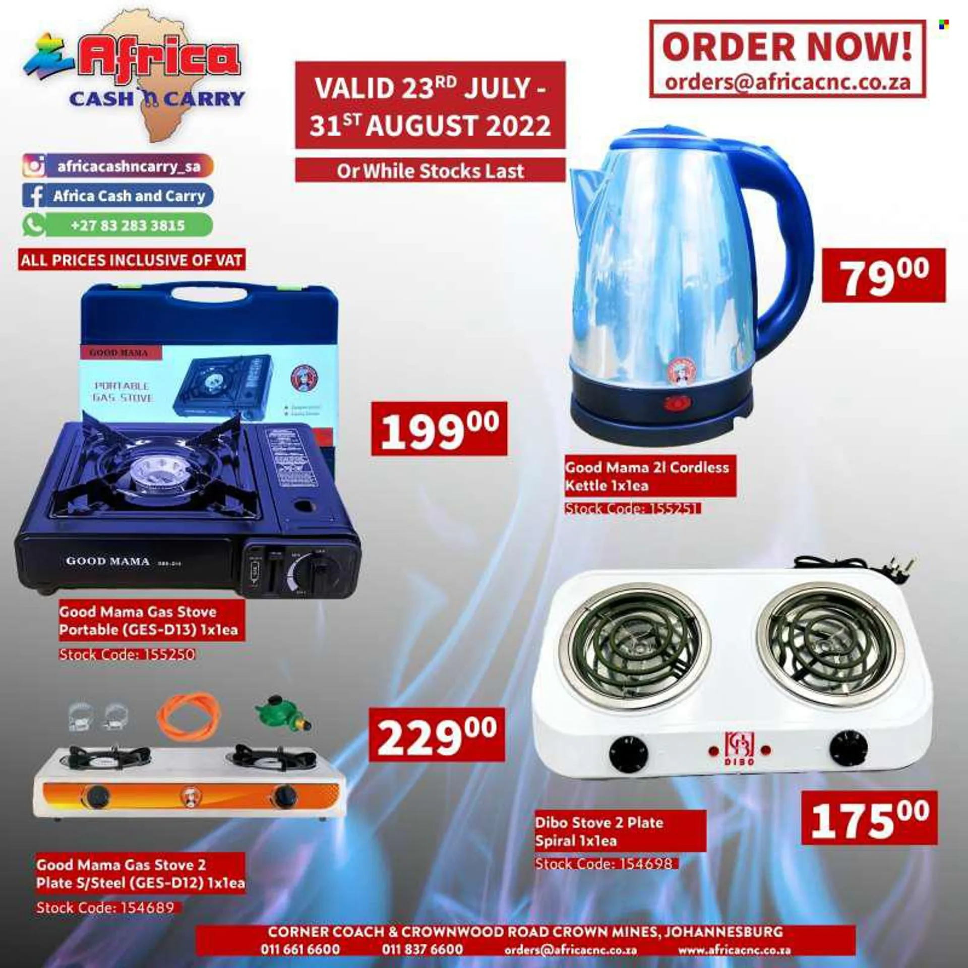 Africa Cash &amp; Carry catalogue  - 23/07/2022 - 31/08/2022 - Sales products - kettle, plate, stove. Page 1.