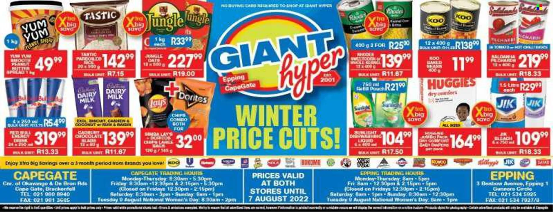 Giant Hyper catalogue  - 29/07/2022 - 07/08/2022 - Sales products - beans, sardines, chocolate, chocolate slabs, Kelloggs, biscuit, Cadbury, Dairy Milk, Doritos, chips, Lays, Simba, oats, baked beans, Koo, jungle oats, Tastic, energy drink, rum, Huggies, 