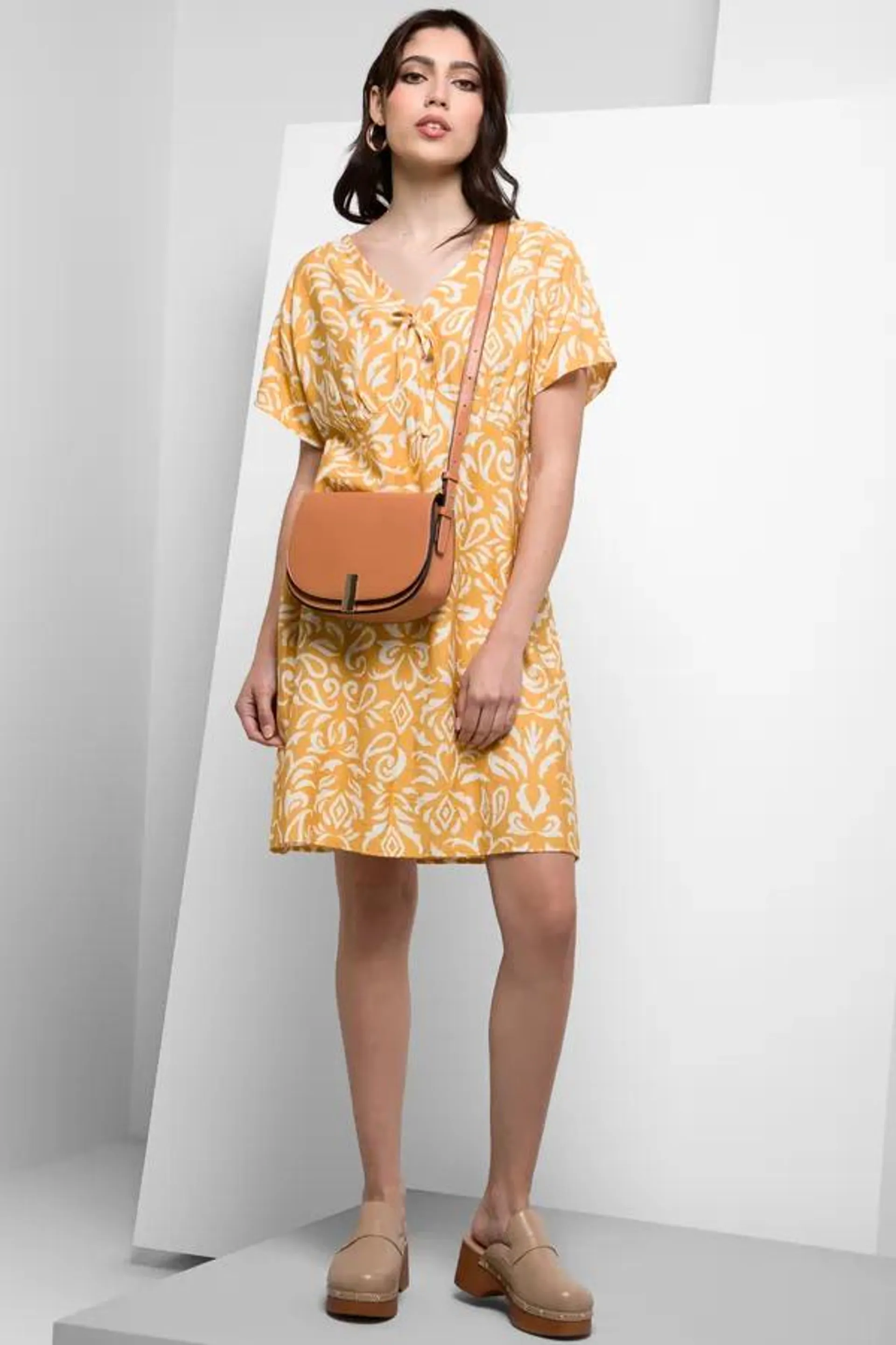 Tie front short sleeve dress yellow