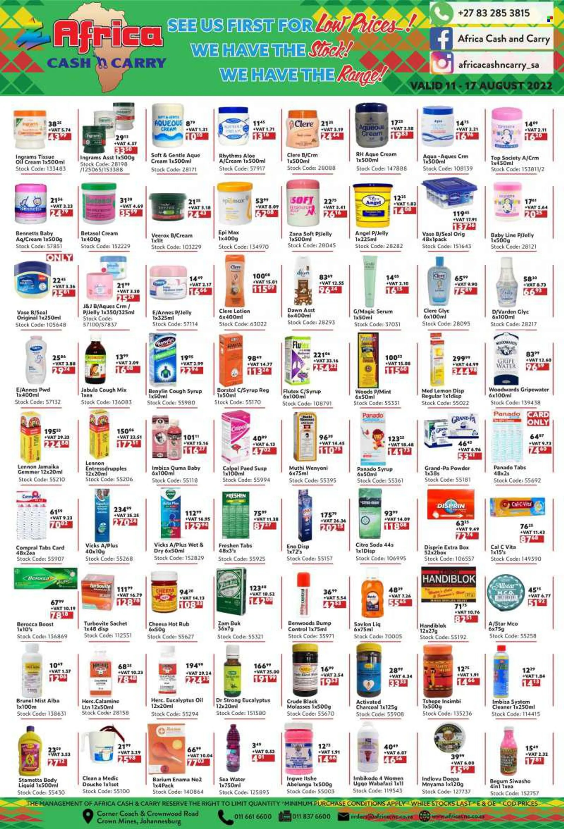 Africa Cash &amp; Carry catalogue  - 11/08/2022 - 17/08/2022 - Sales products - cod, jelly, molasses, syrup, Boost, tissues, cleaner, serum, body lotion, Clere, Top Society, Vicks, eucalyptus oil, charcoal, activated charcoal, Calpol, Berocca, Panado, Ben