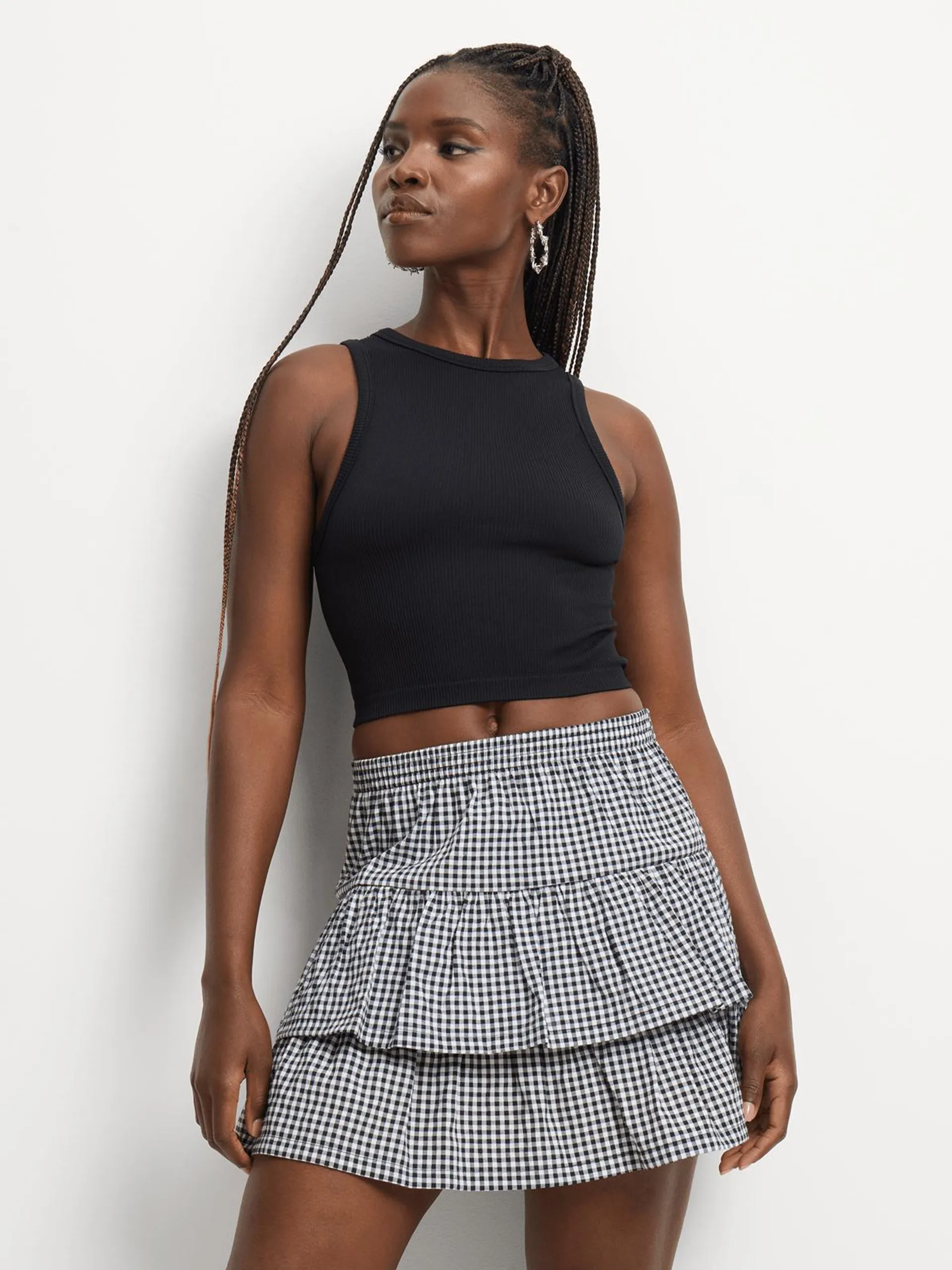 Women's Black & White Co-Ord Gingham Ruffle Mini Skirt