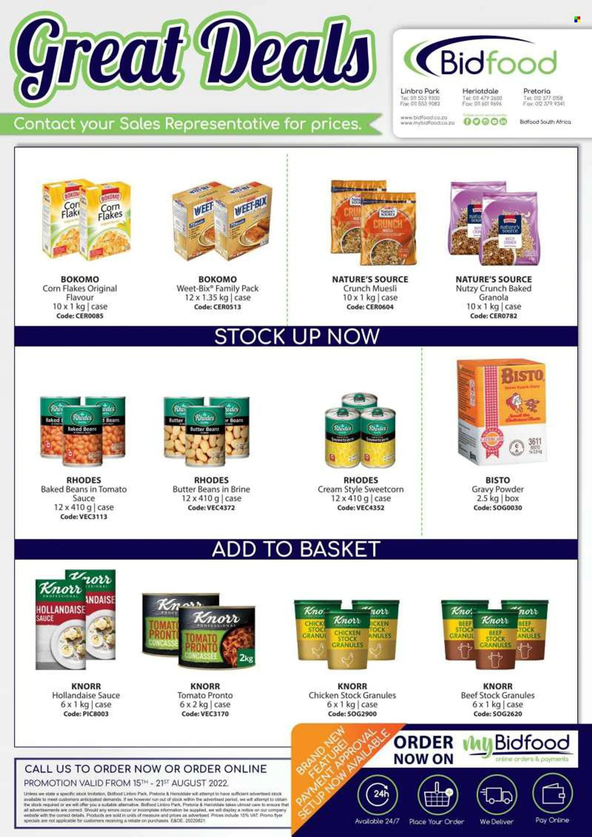Bidfood catalogue  - 15/08/2022 - 21/08/2022 - Sales products - beans, Knorr, butter, cereal bar, biscuit, baked beans, granola, corn flakes, Weet-Bix, muesli. Page 1.