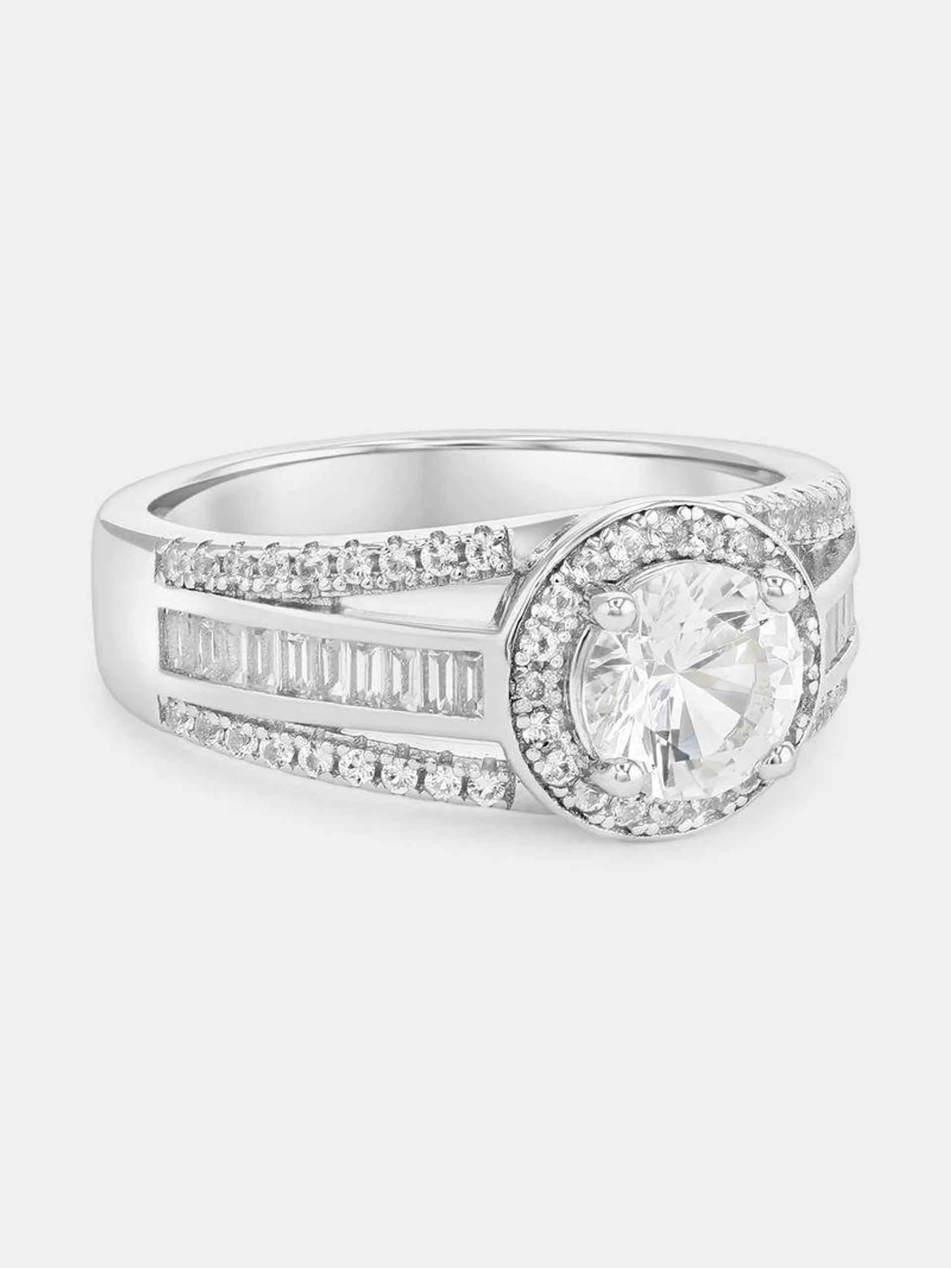 Sterling Silver Diamond Round Halo Baguette Ring