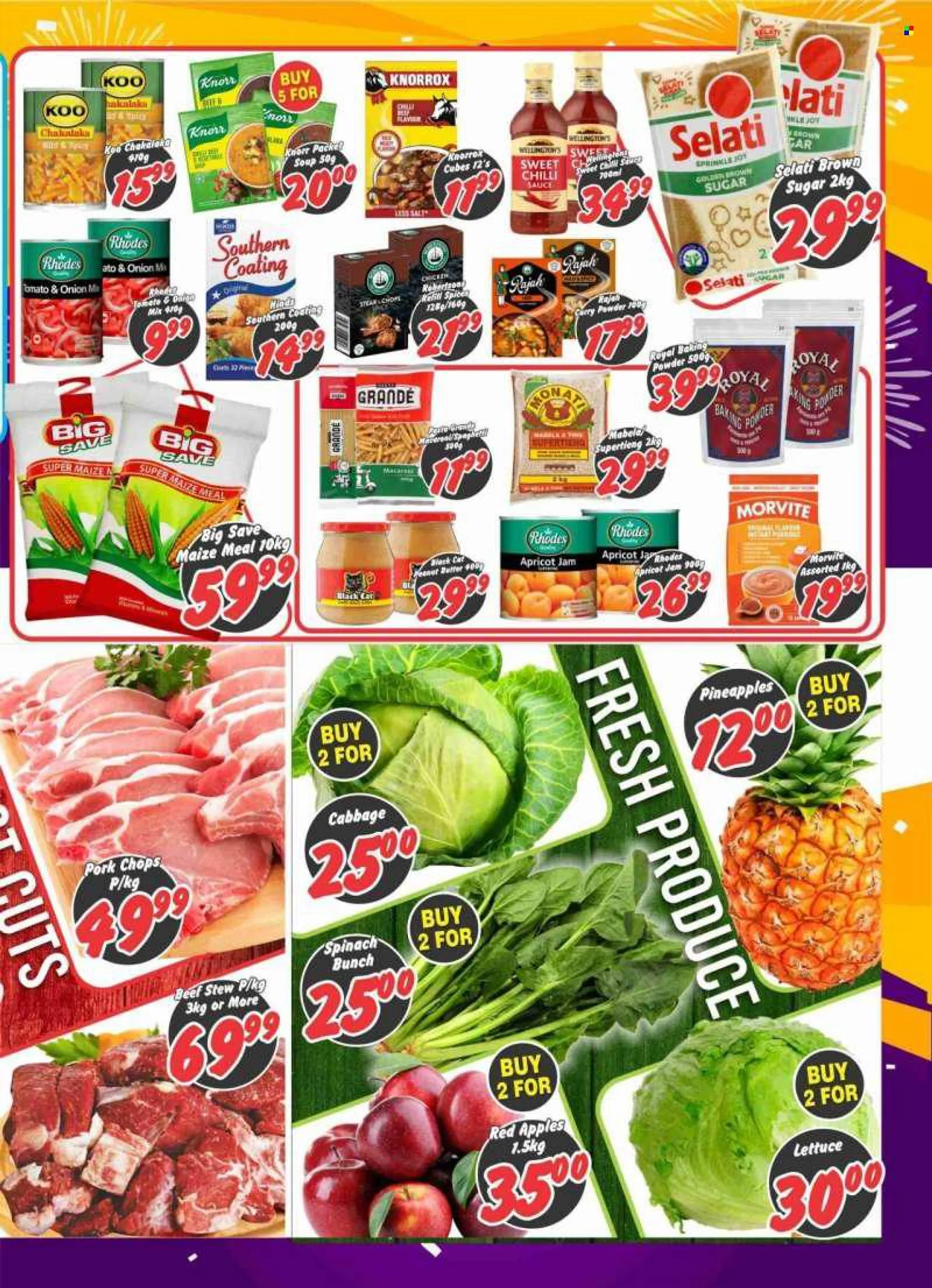 Big Save catalogue  - 25/07/2022 - 06/08/2022 - Sales products - cabbage, spinach, lettuce, pineapple, apples, spaghetti, macaroni, soup, pasta, Knorr, sauce, chakalaka, baking powder, cane sugar, maize meal, Knorrox, Koo, porridge, instant porridge, Past