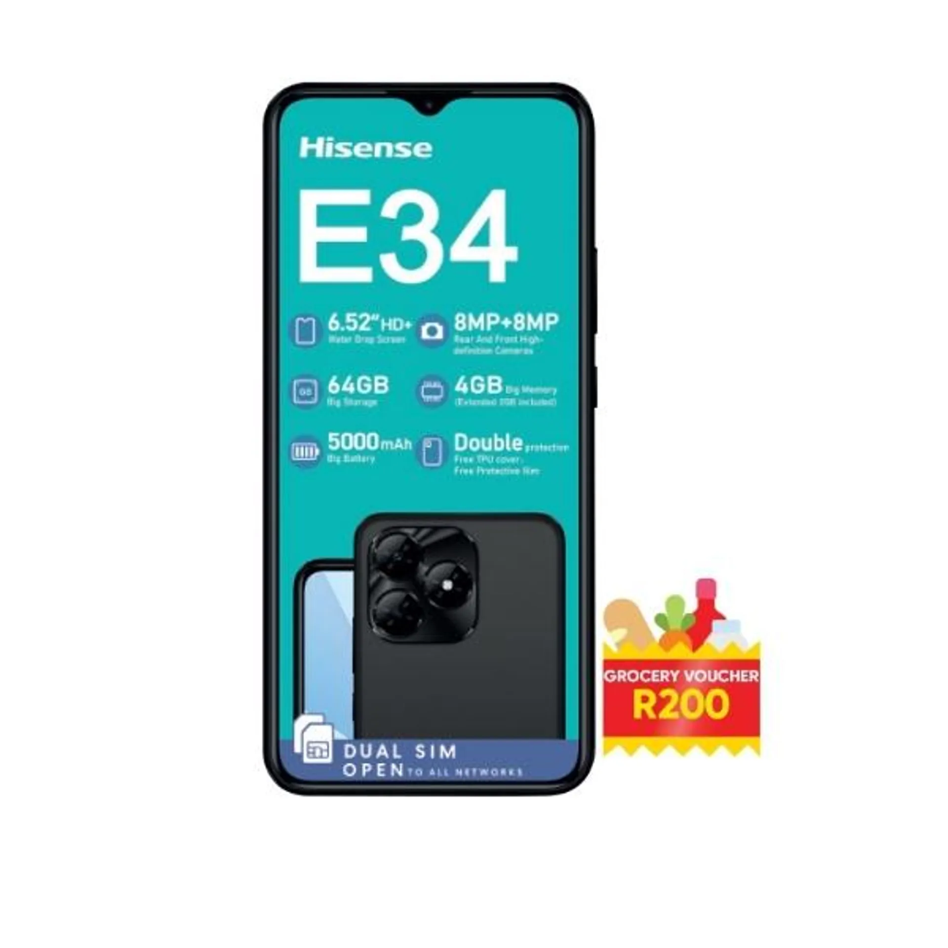 HISENSE CELLPHONE E34 64GB WITH TPU COVER + R200 Voucher