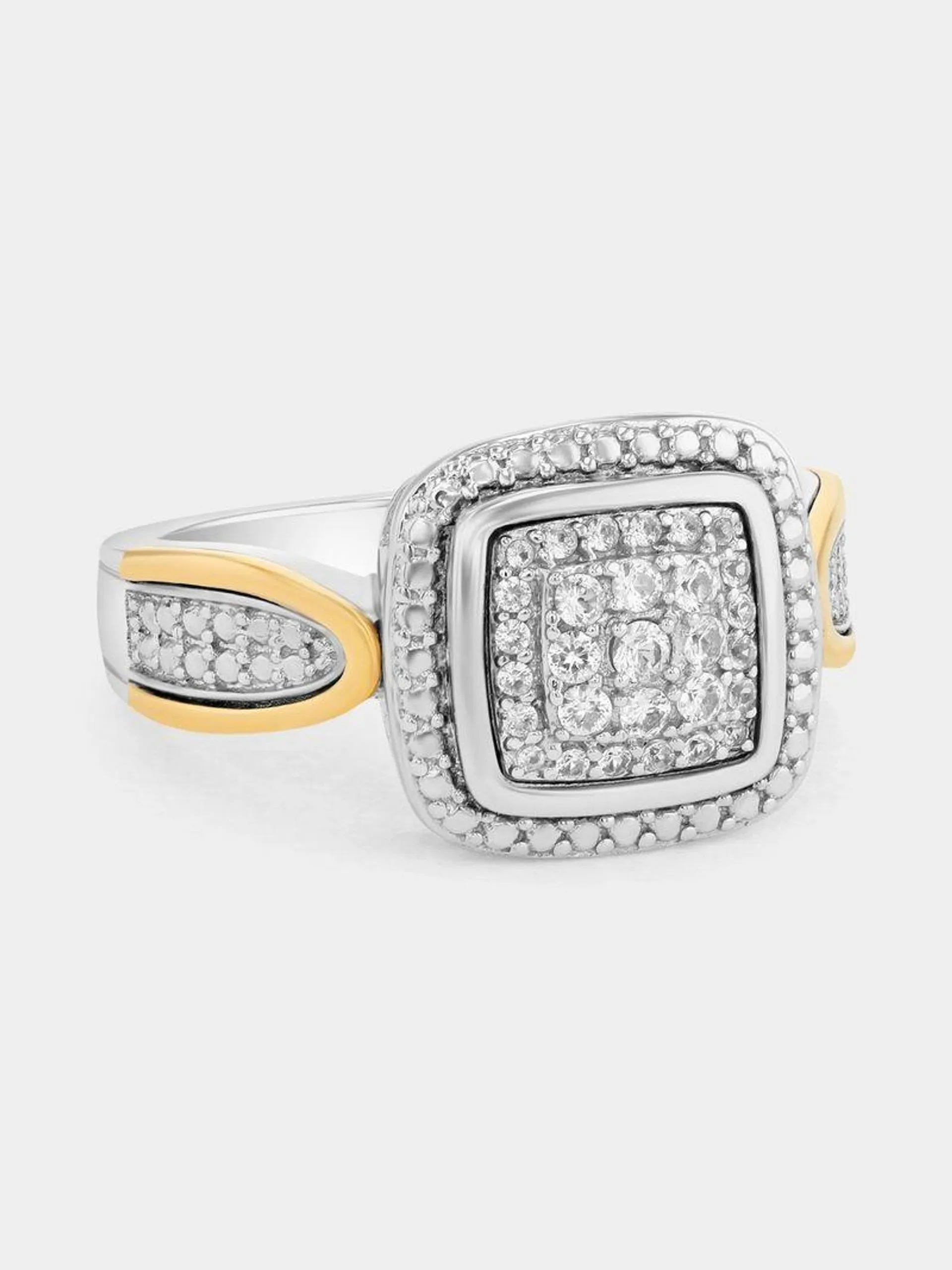 Yellow Gold & Sterling Silver Diamond Cushion Halo Ring