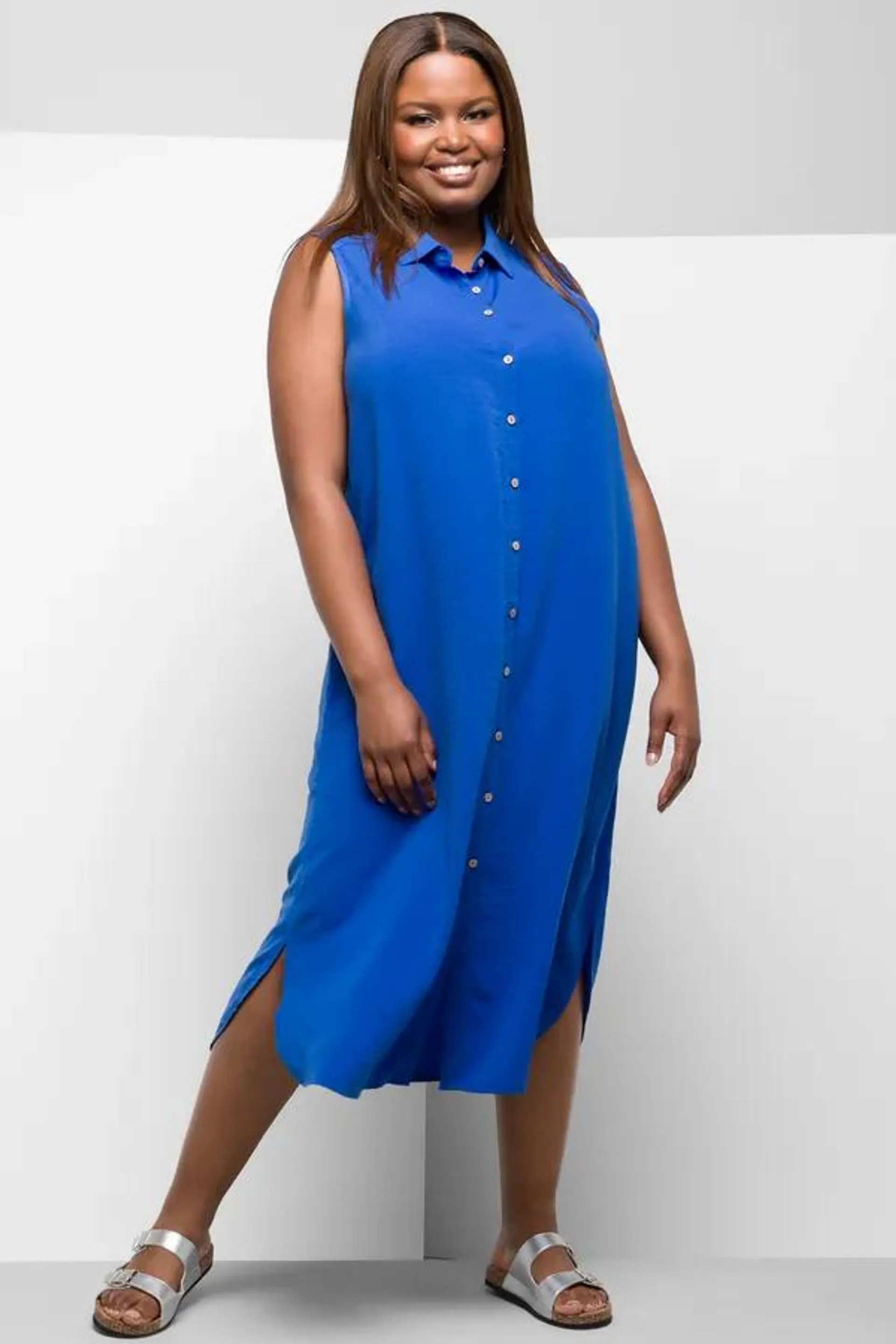 Button through midi dress blue