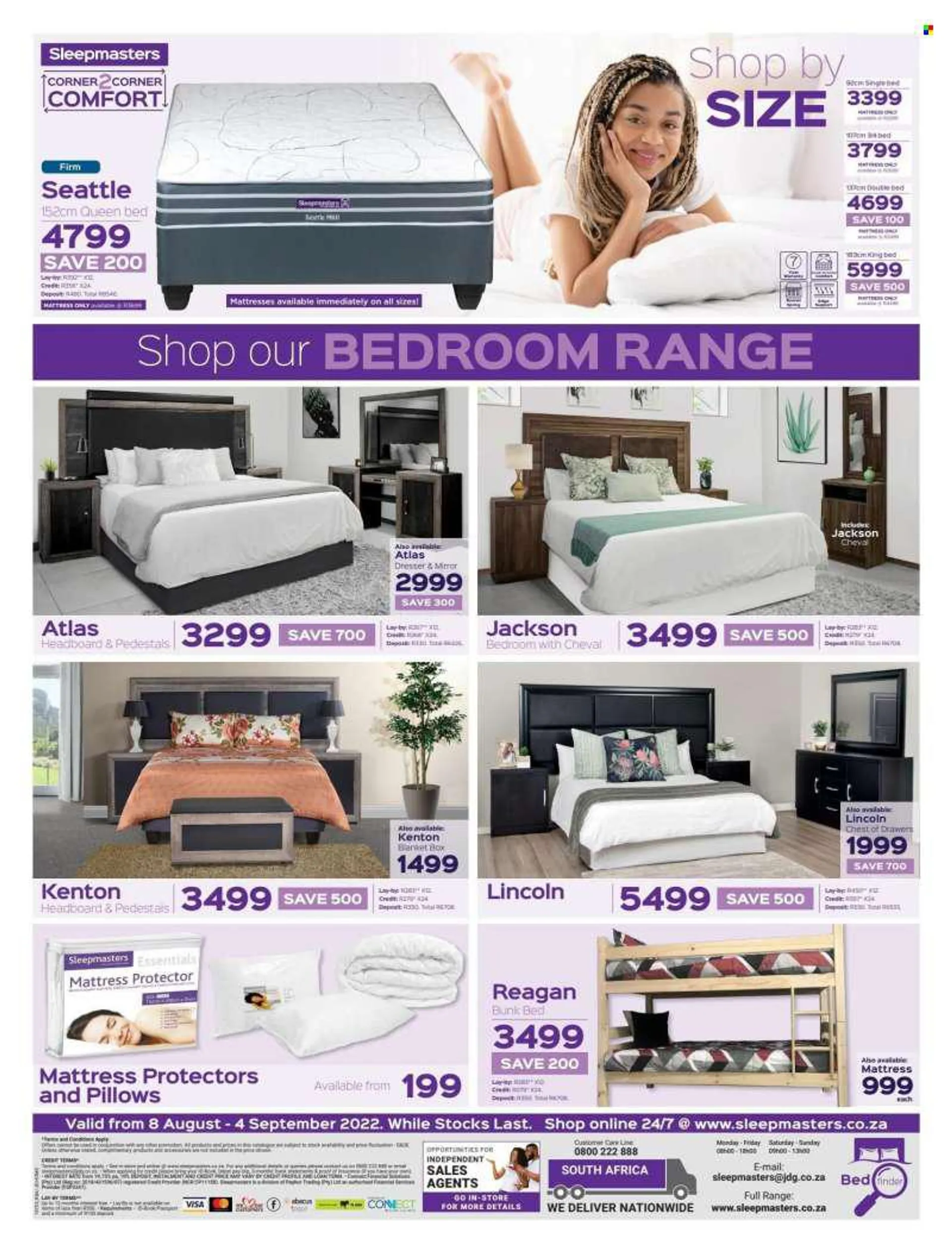 Sleepmasters catalogue  - 08/08/2022 - 04/09/2022 - Sales products - blanket, mattress protector, bed, king bed, queen bed, double bed, single bed, headboard, bunk bed, mattress, essentials. Page 1.