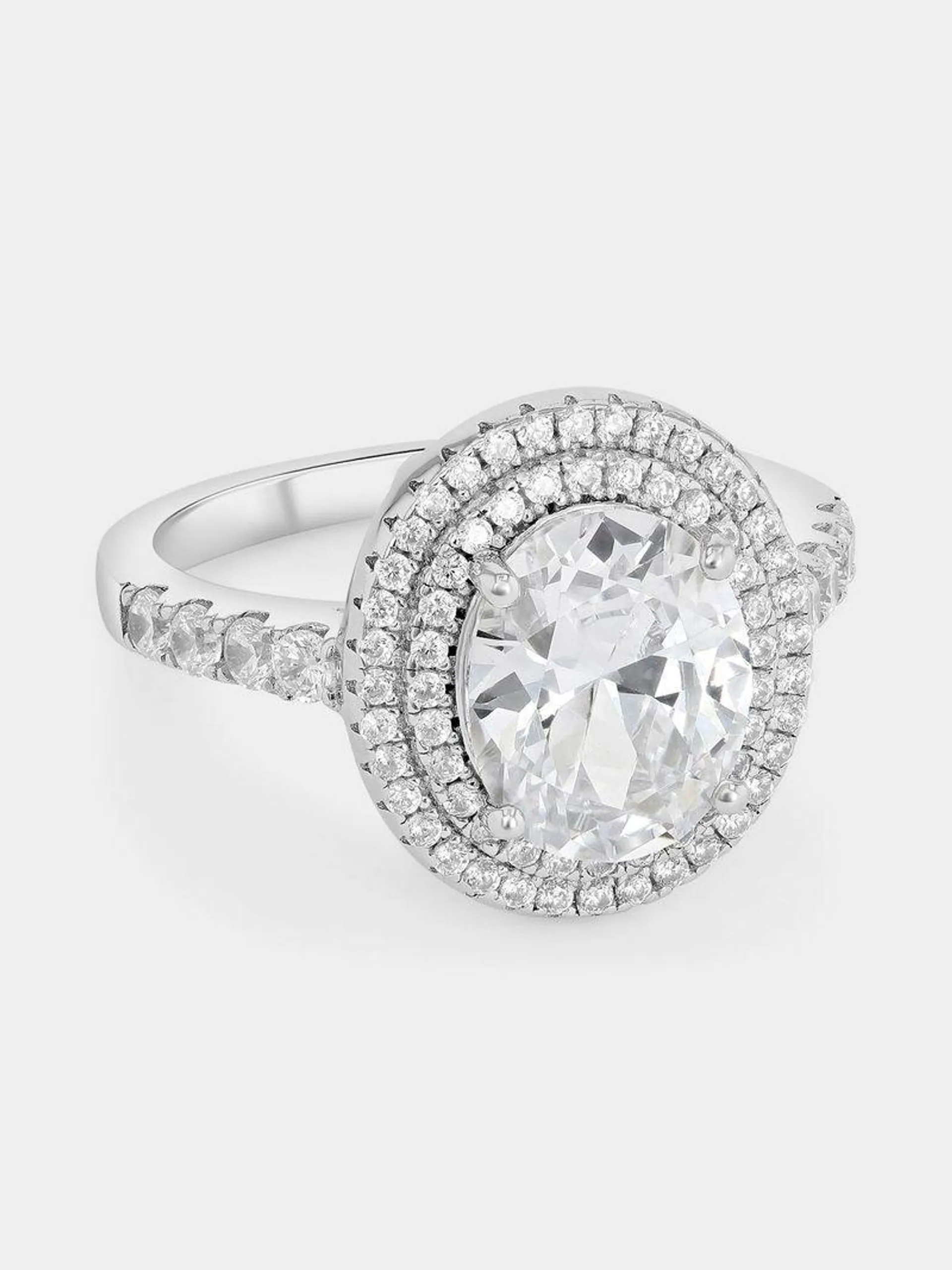 Sterling Silver Cubic Zirconia Oval Double Halo Ring