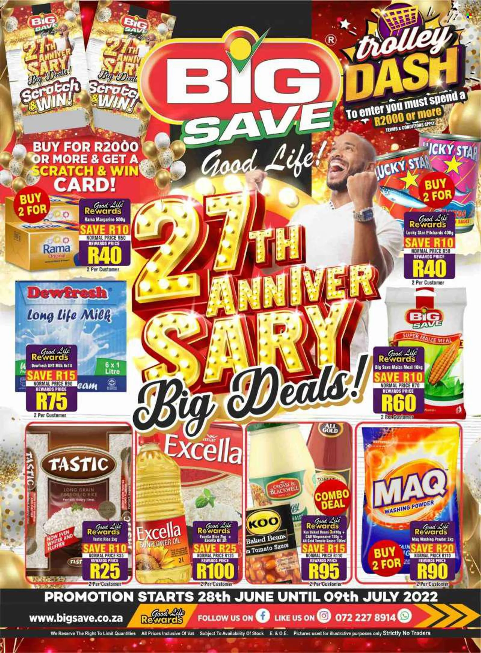 Big Save catalogue  - 28/06/2022 - 09/07/2022 - Sales products - beans, sardines, milk, long life milk, margarine, Rama, mayonnaise, maize meal, baked beans, Koo, rice, parboiled rice, Tastic, Good Life, sunflower oil, oil, laundry powder, trolley. Page 1