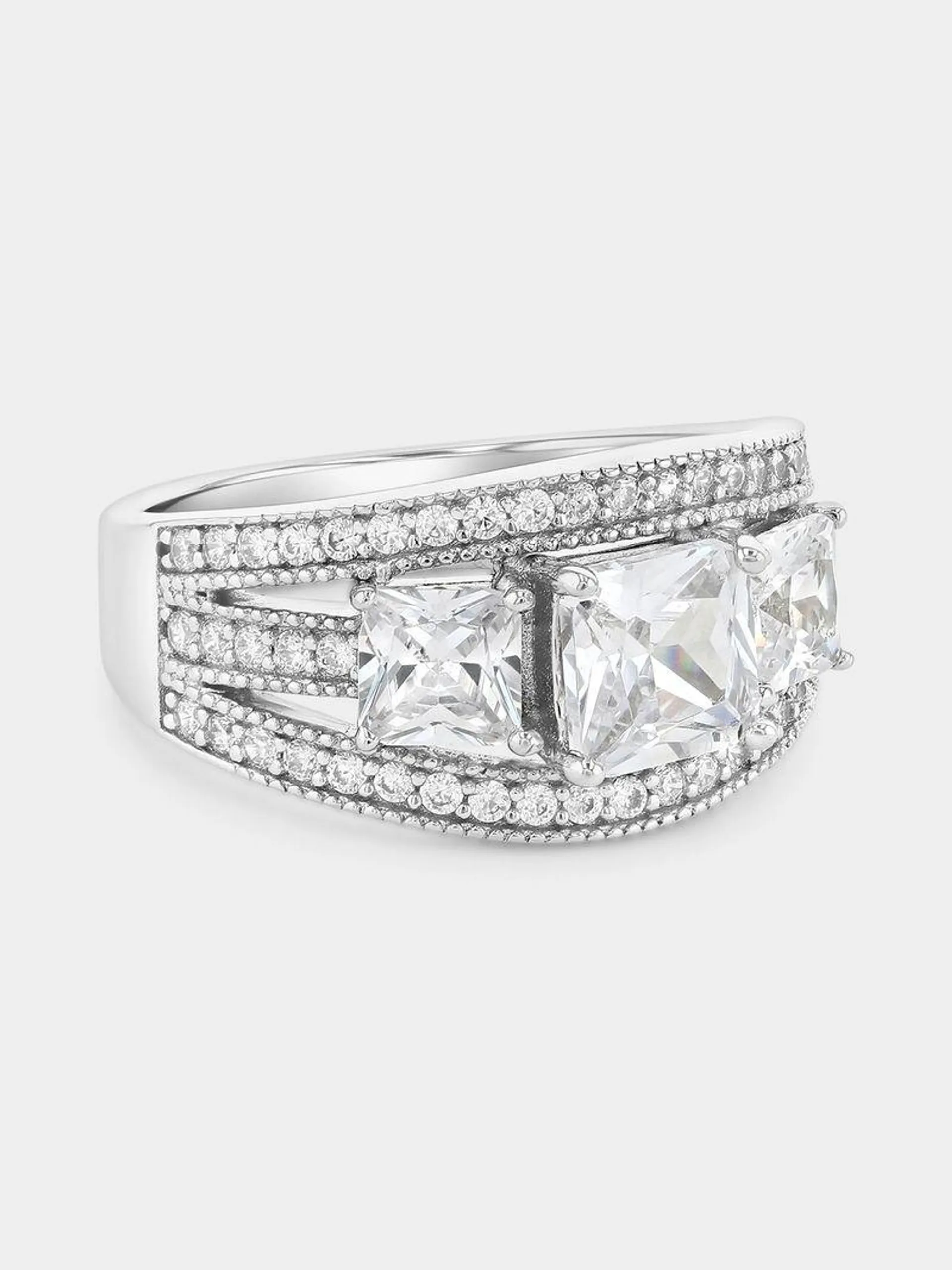 Sterling Silver Cubic Zirconia Princess Trilogy Ring