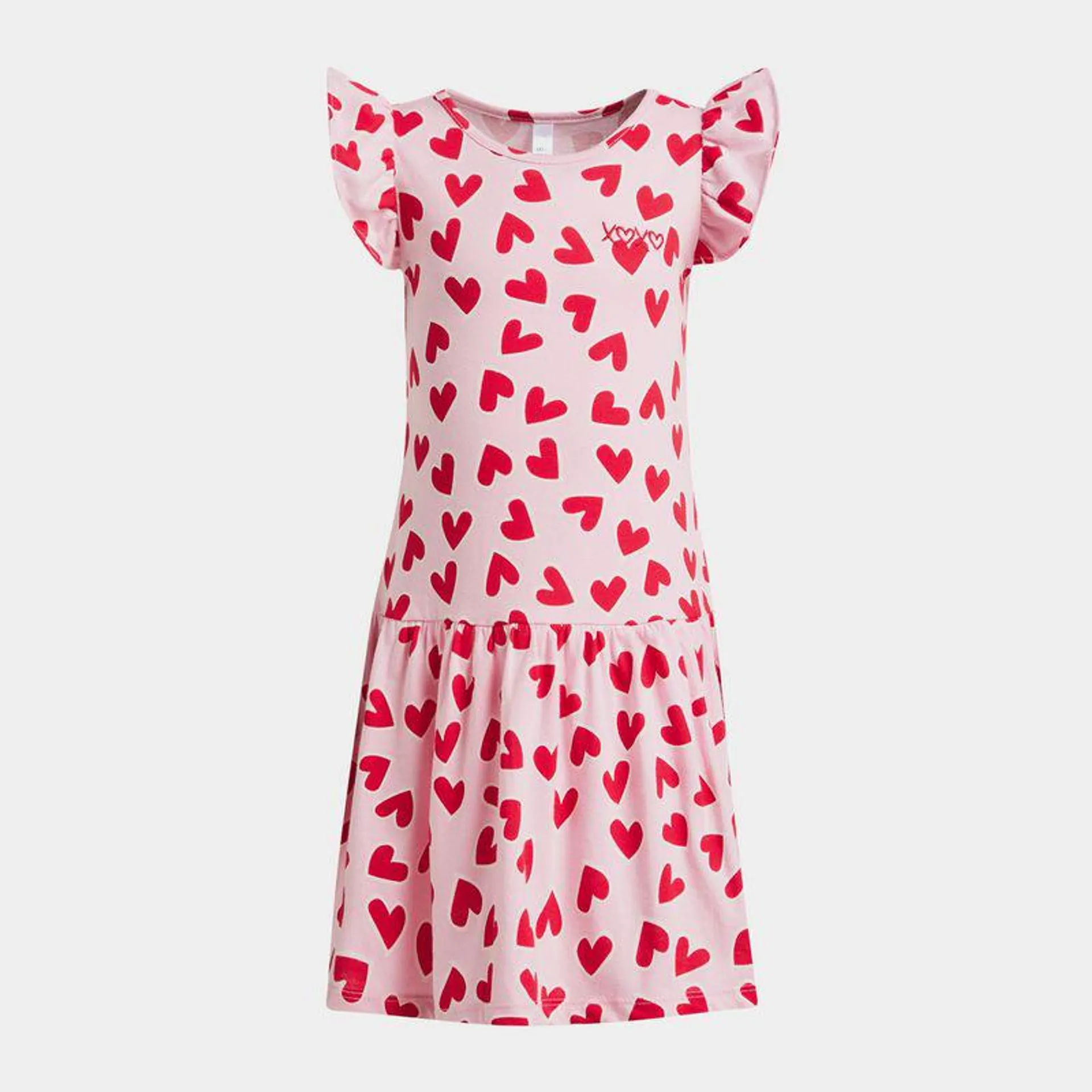 Older Girl's Pink Heart Print Ruffle Sleeve Dress