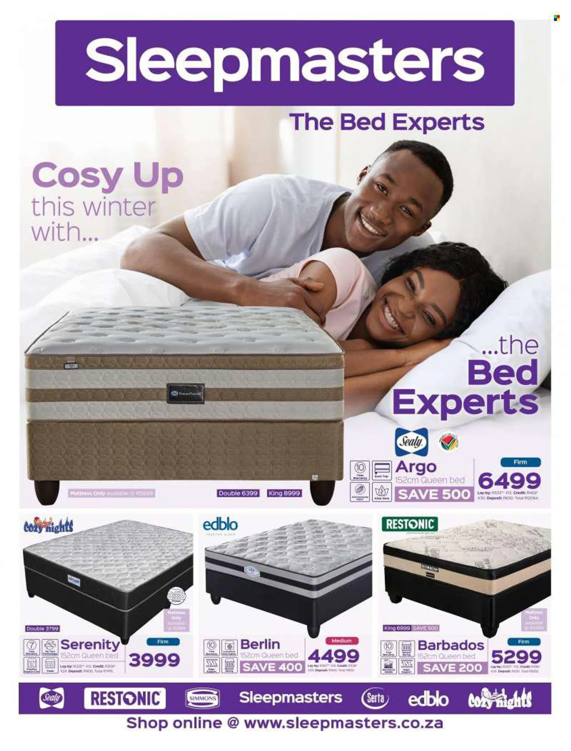 Sleepmasters catalogue  - 04/07/2022 - 07/08/2022 - Sales products - bed, queen bed, mattress, Simmons, foam mattress. Page 1.
