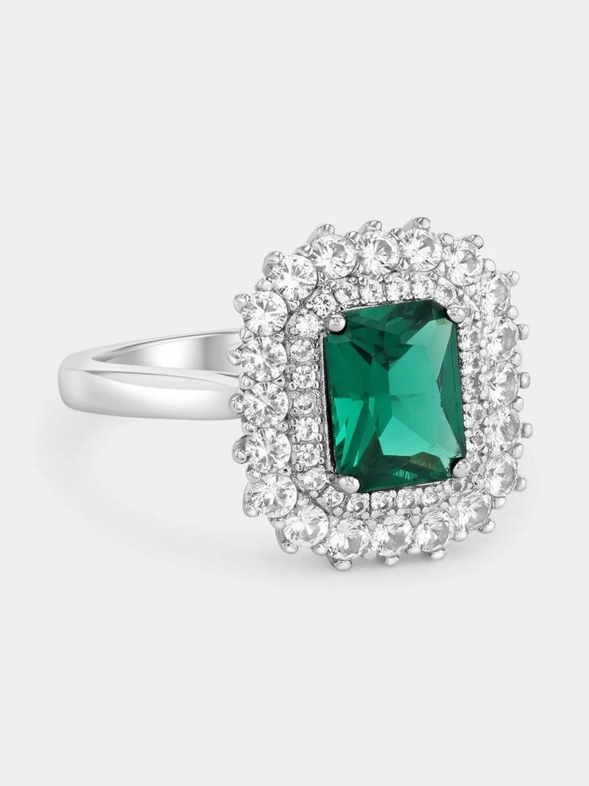 Sterling Silver Diamond &Created Sapphire & Green Spinel Emerald-Cut Halo Ring