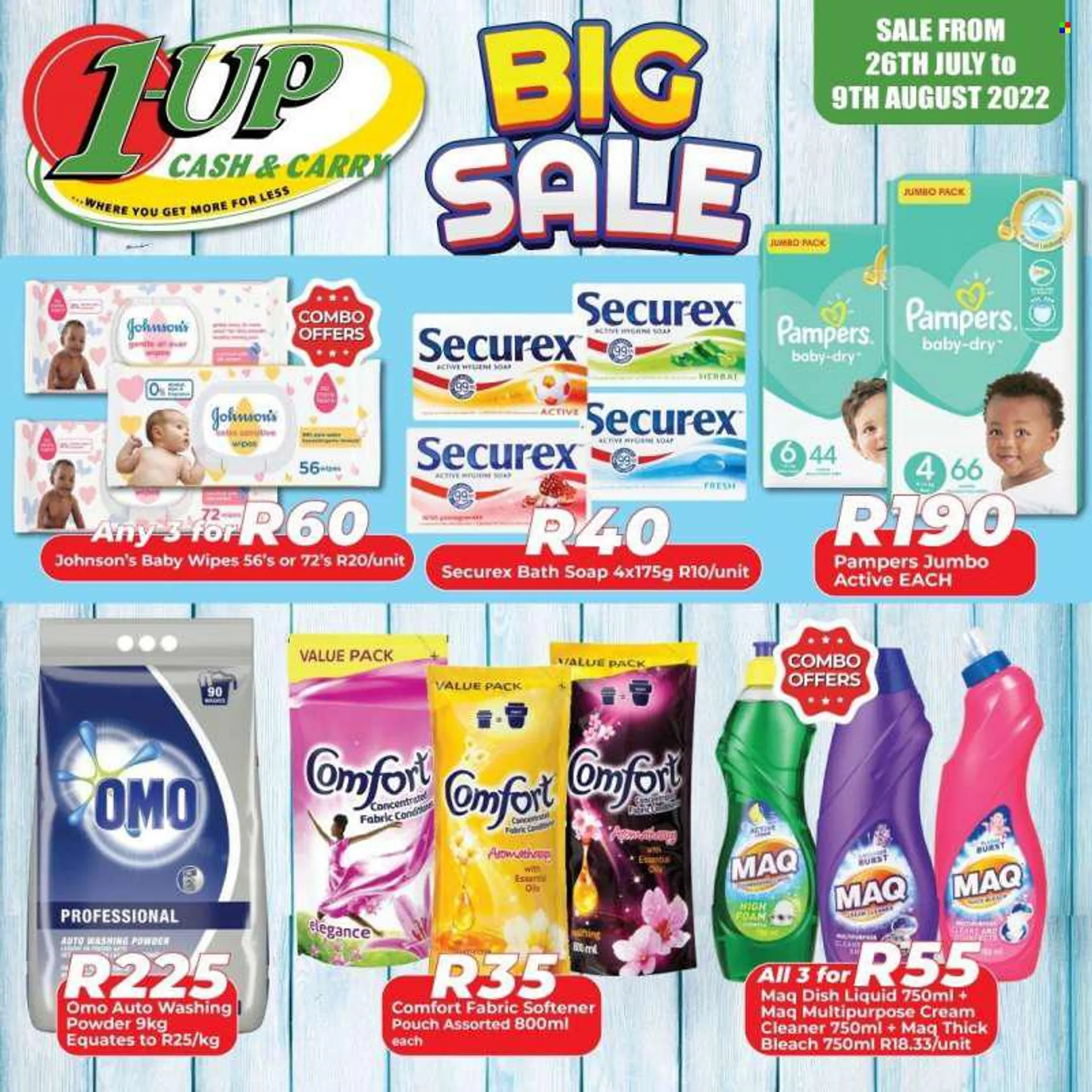1UP Cash &amp; Carry catalogue  - 26/07/2022 - 09/08/2022 - Sales products - wipes, Pampers, baby wipes, Johnsons, cream cleaner, bleach, cleaner, fabric softener, Omo, thick bleach, laundry powder, Comfort softener, dishwashing liquid, soap, pomegranate.