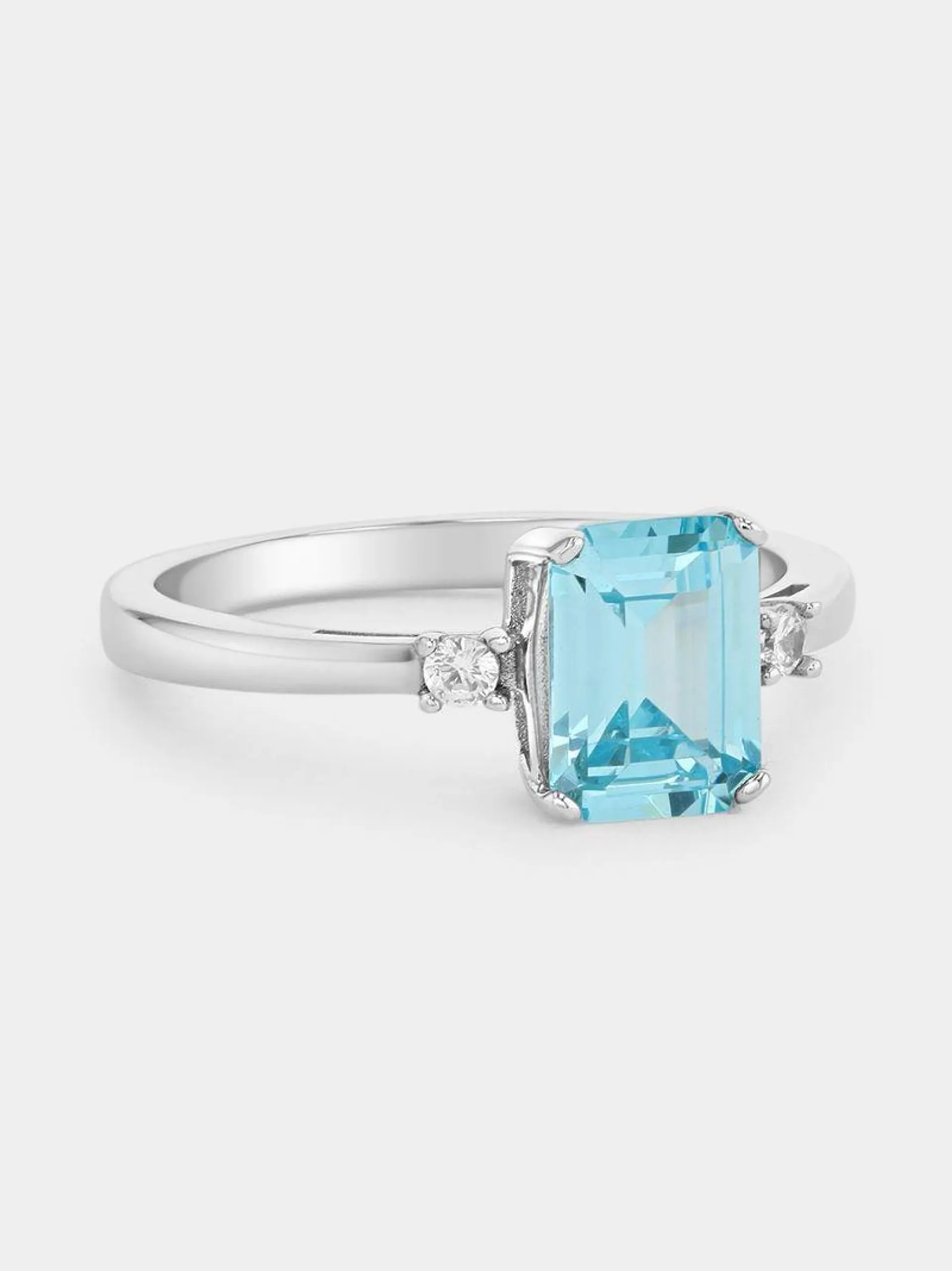 Sterling Silver Aquamarine Cubic Zirconia Emerald-Cut Ring