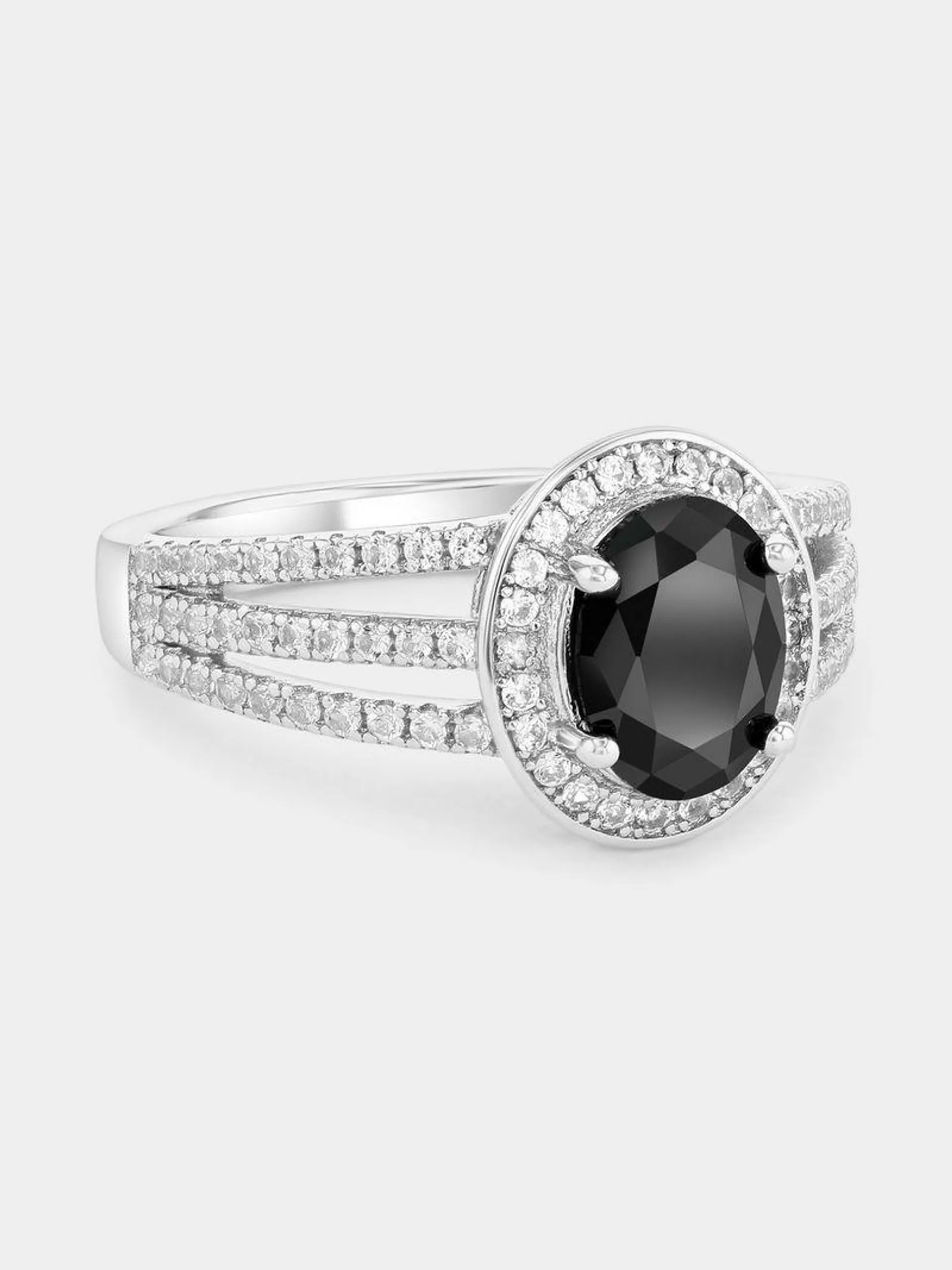 Sterling Silver Black Spinel & White Sapphire Oval Halo Ring