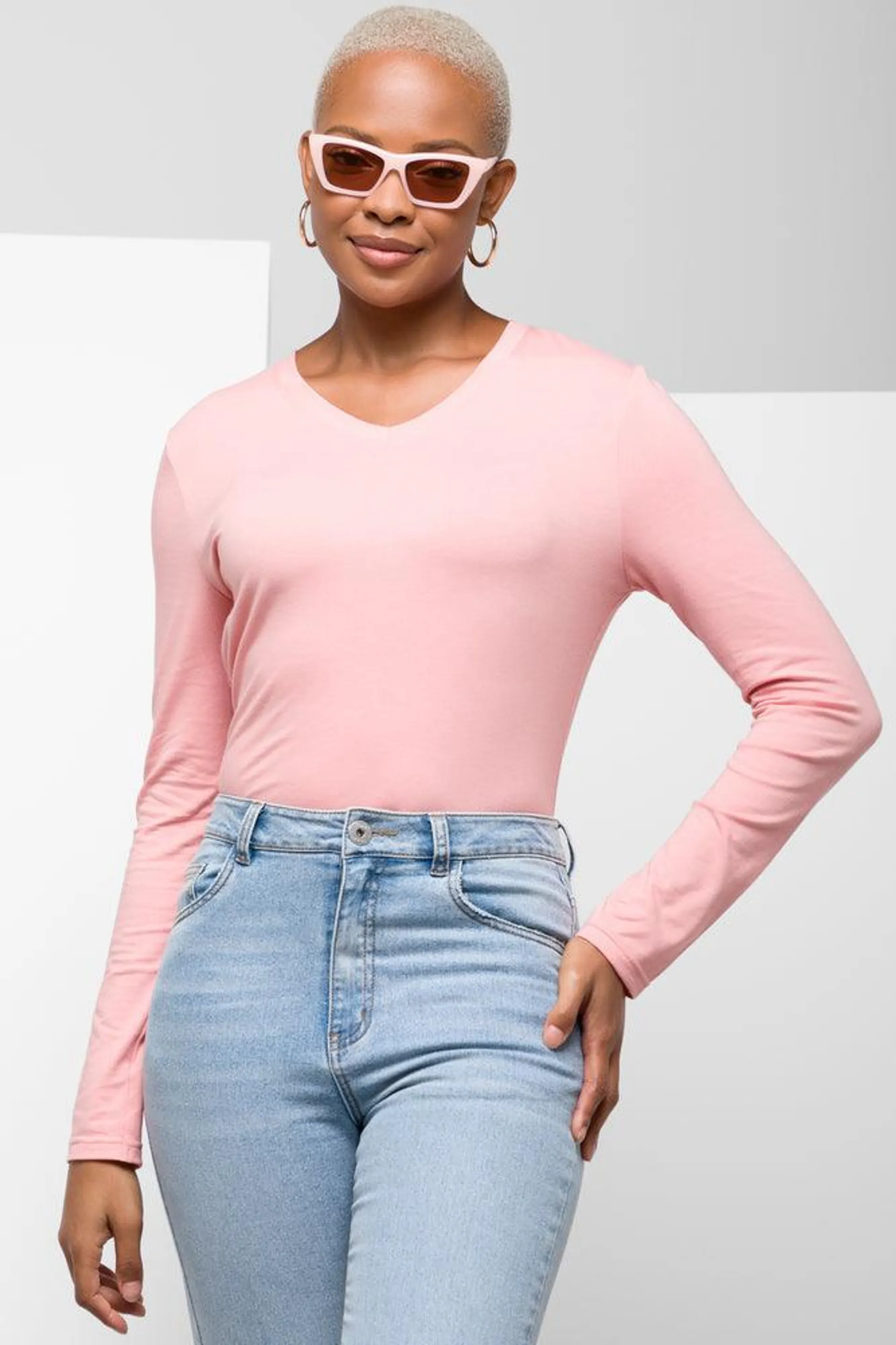 Long Sleeve V-Neck T-Shirt Pink