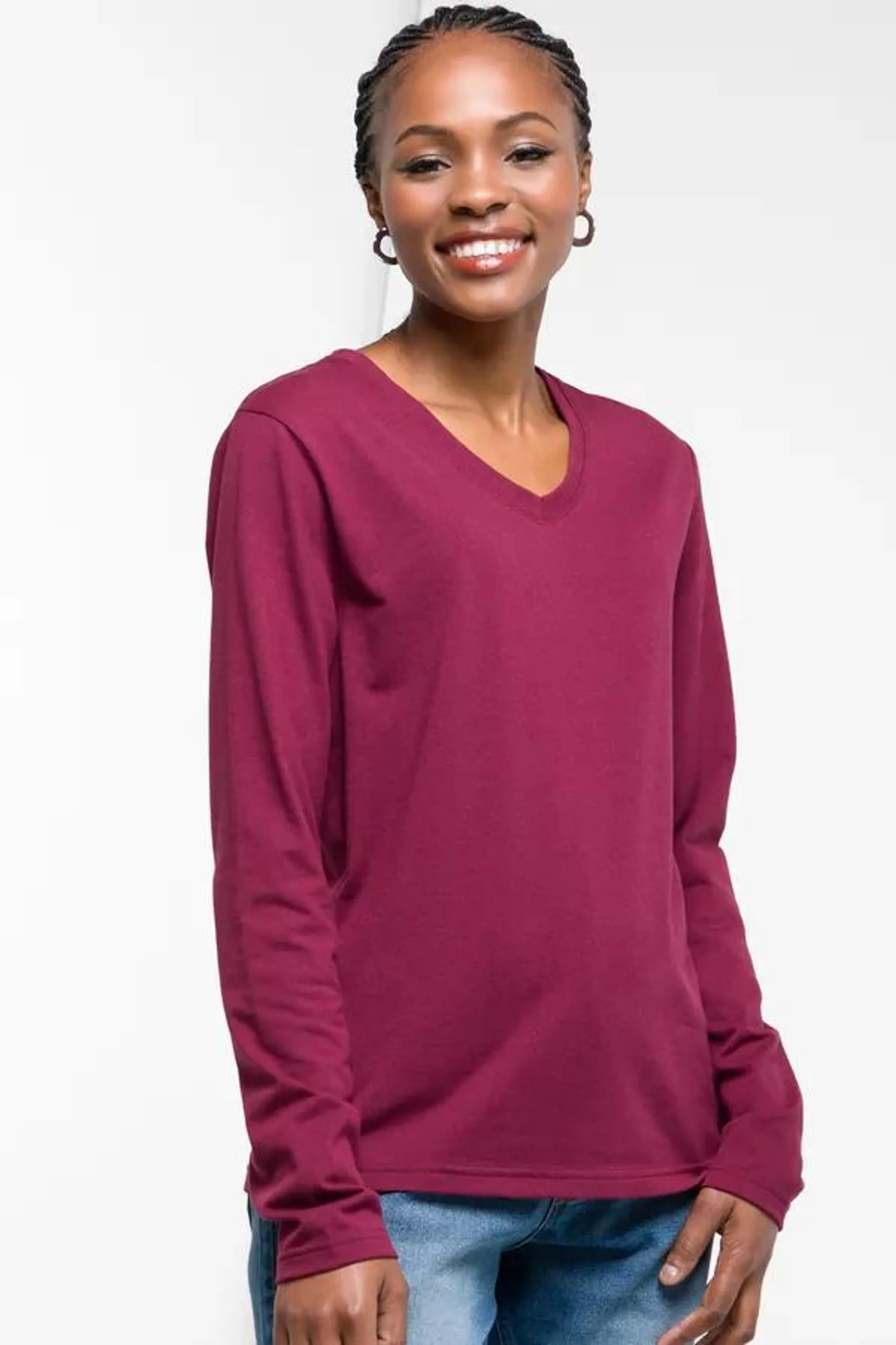 Long sleeve v-neck t-shirt burgundy