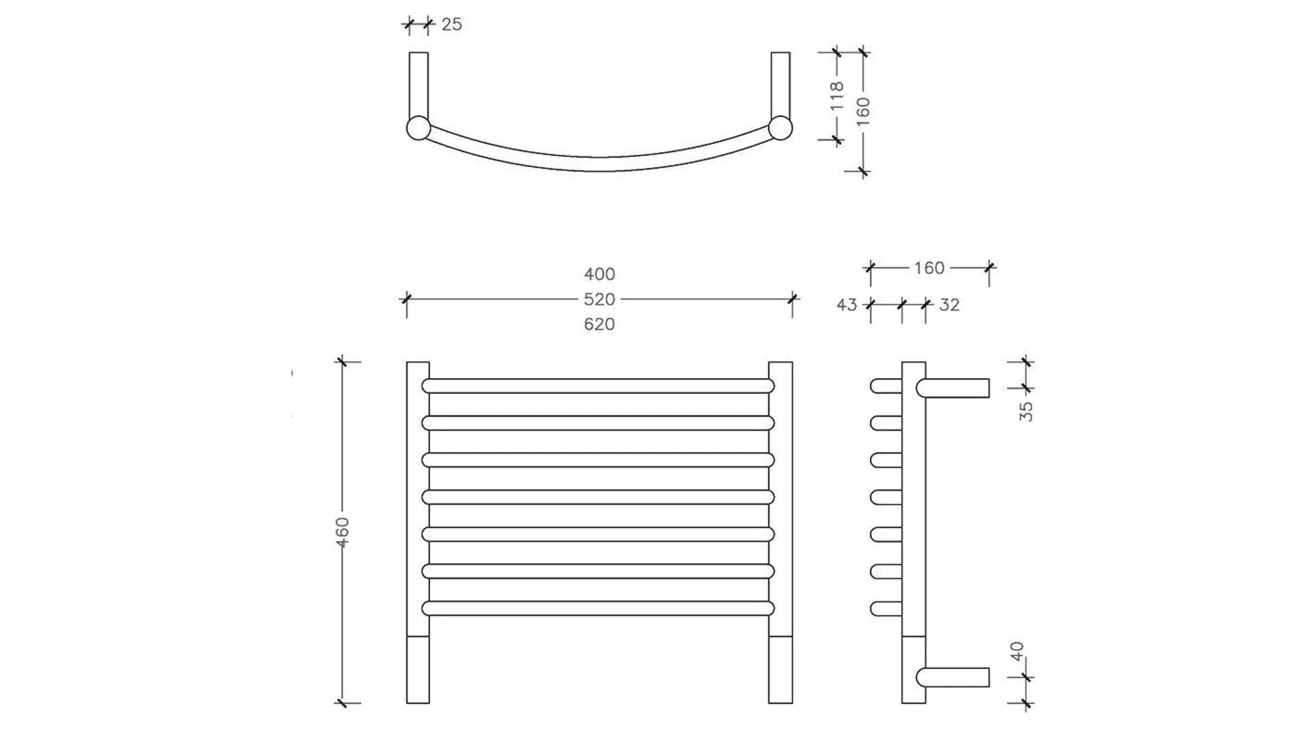 Jeeves Classic H Curved Brushed Stainless Steel Heated Rail 460 x 400mm