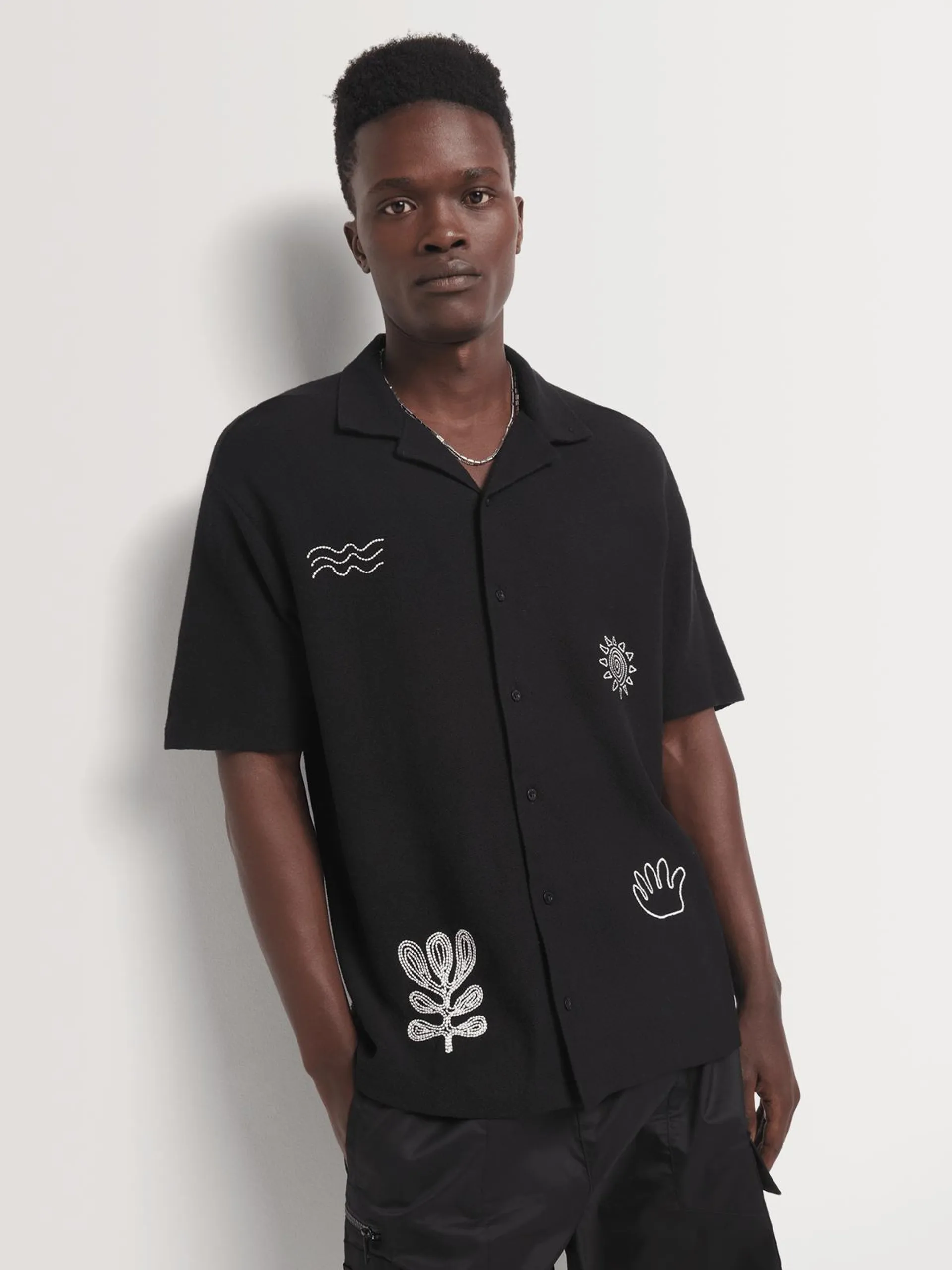 Men's Markham Button Through Textured Crepe Embroidery Black Shirt