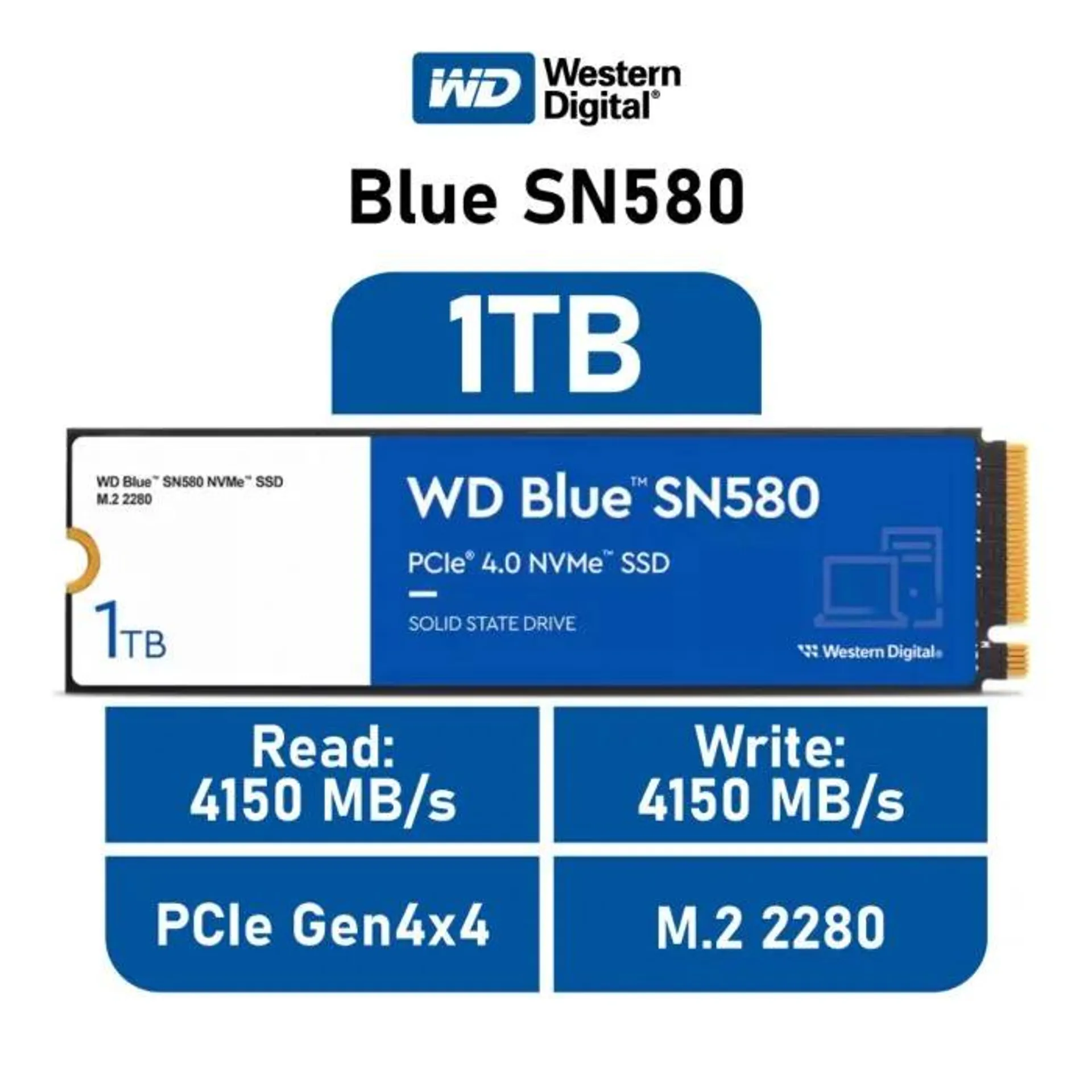 Western Digital Blue SN580 1TB PCIe Gen4x4 WDS100T3B0E M.2 2280 Solid State Drive