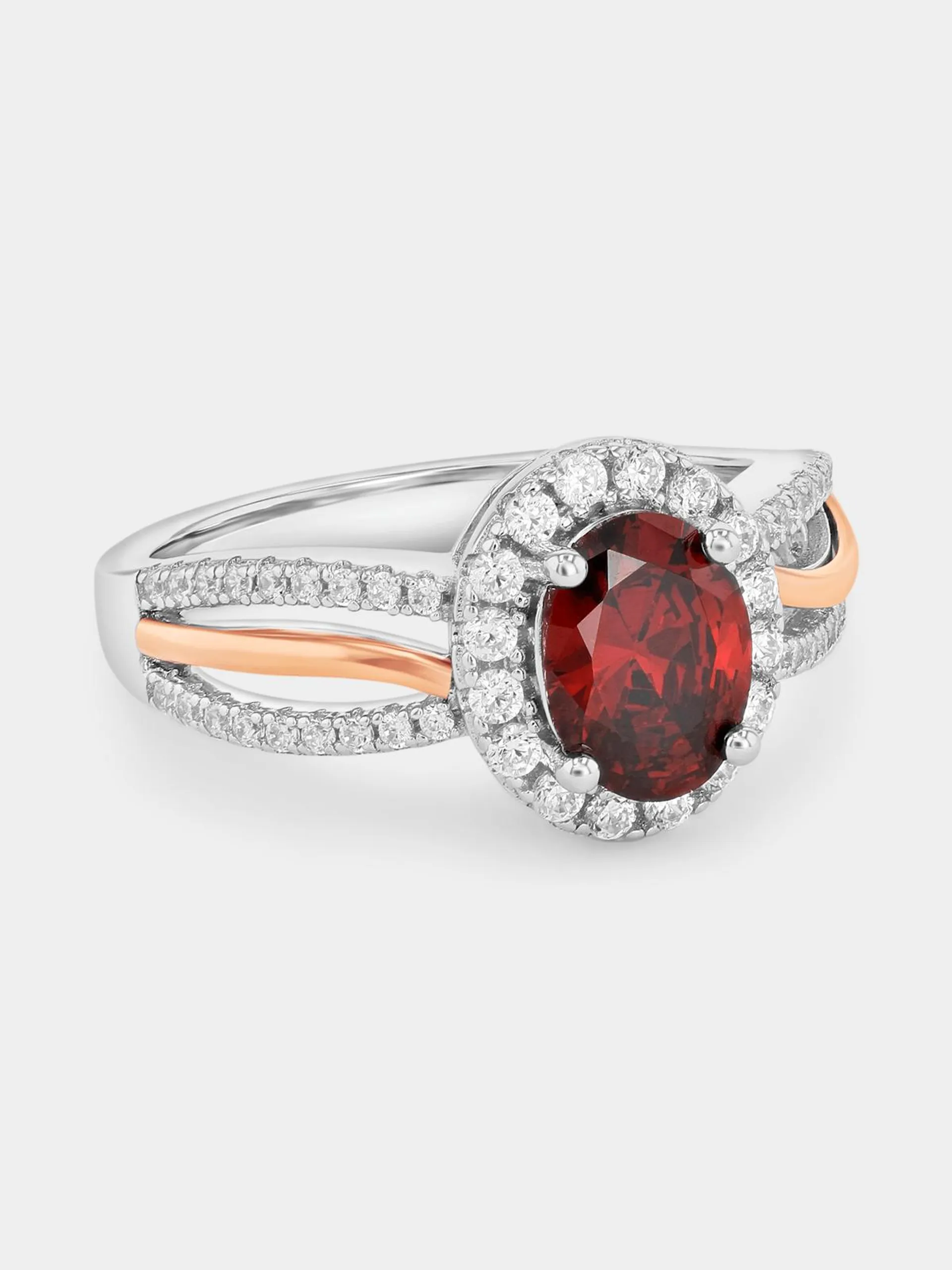 Rose Gold & Sterling Silver Red Cubic Zirconia Oval Halo Ring