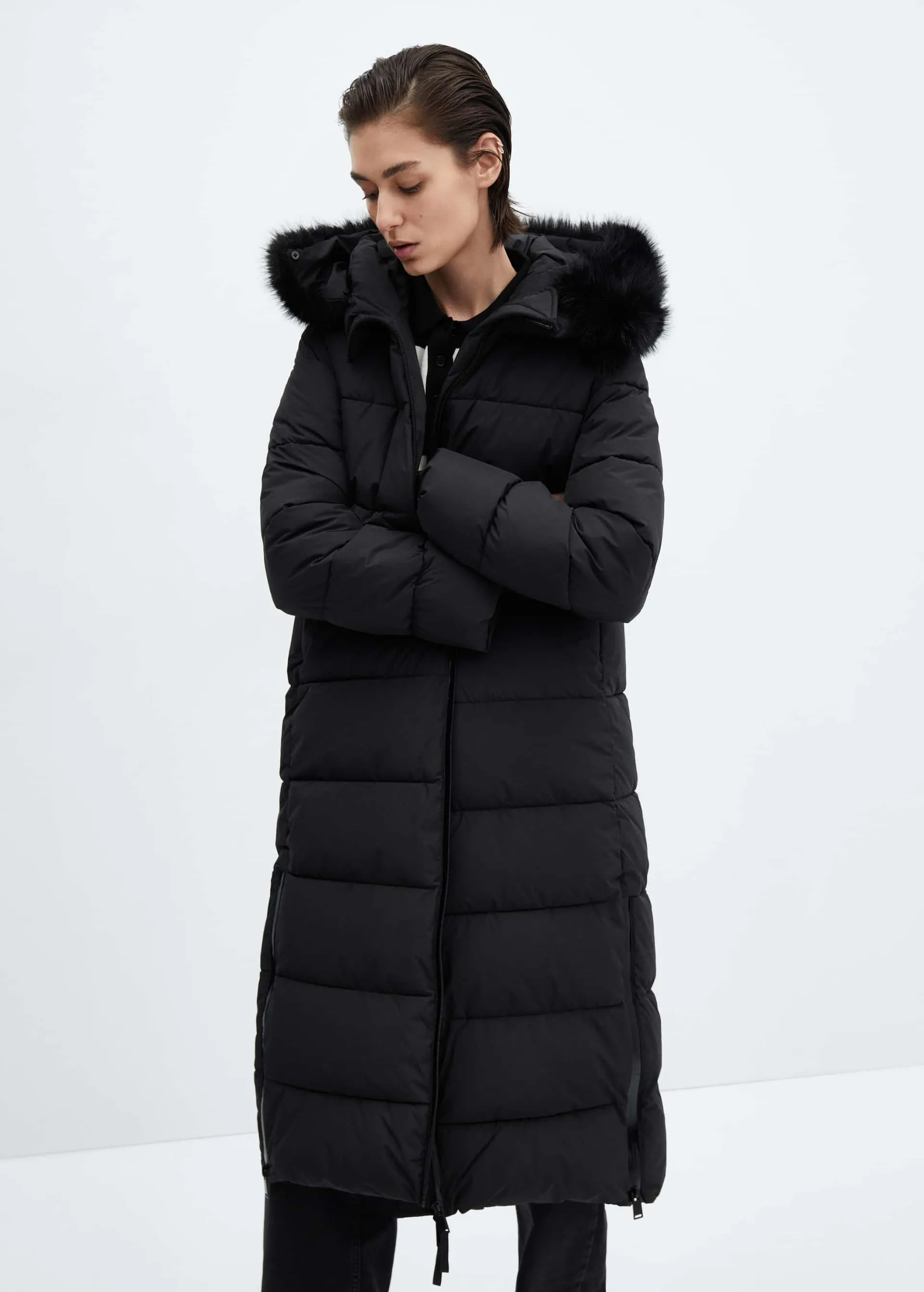 Faux fur hood quilted coat