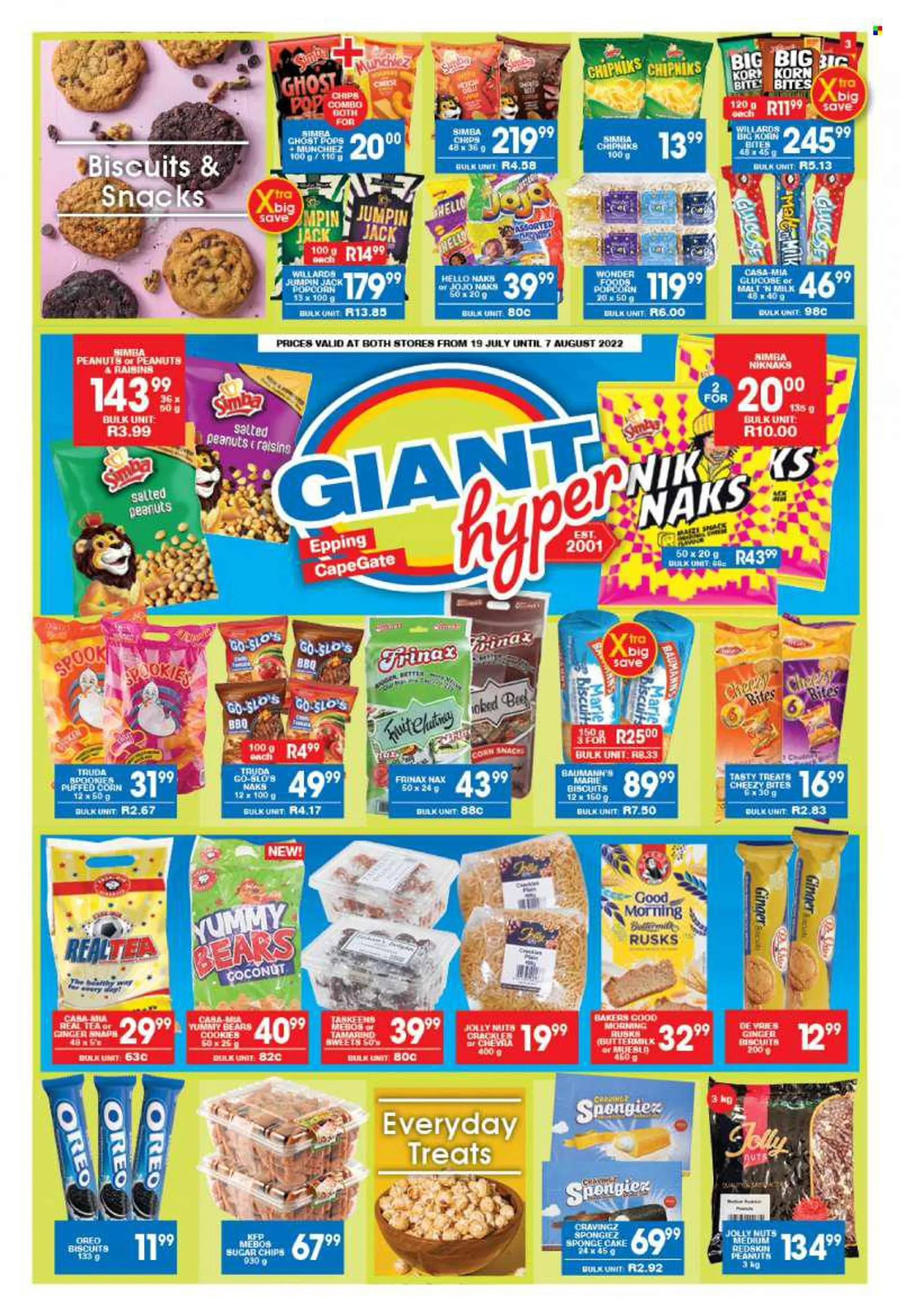 Giant Hyper catalogue  - 19/07/2022 - 07/08/2022 - Sales products - cake, sponge cake, rusks, coconut, cheese, Oreo, buttermilk, cookies, snack, biscuit, chips, maize snack, Simba, popcorn, sugar, tamarind, malt, muesli, chutney, peanuts, nuts, dried frui
