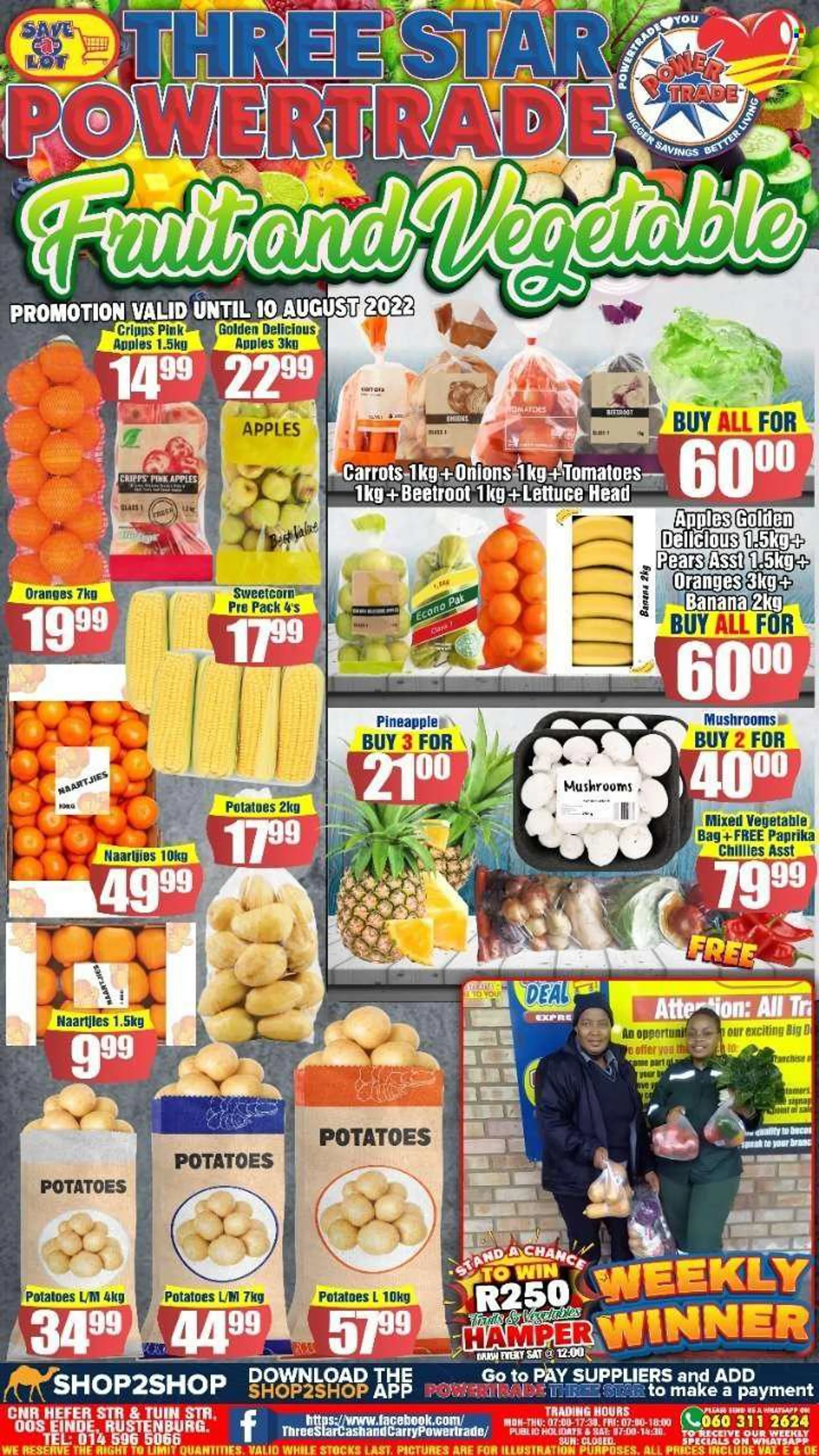 Three Star Cash and Carry catalogue  - 04/08/2022 - 10/08/2022 - Sales products - mushroom, carrots, tomatoes, potatoes, onion, pineapple, pears, Golden Delicious apple, orange, hamper, Ola, mixed vegetables. Page 1.