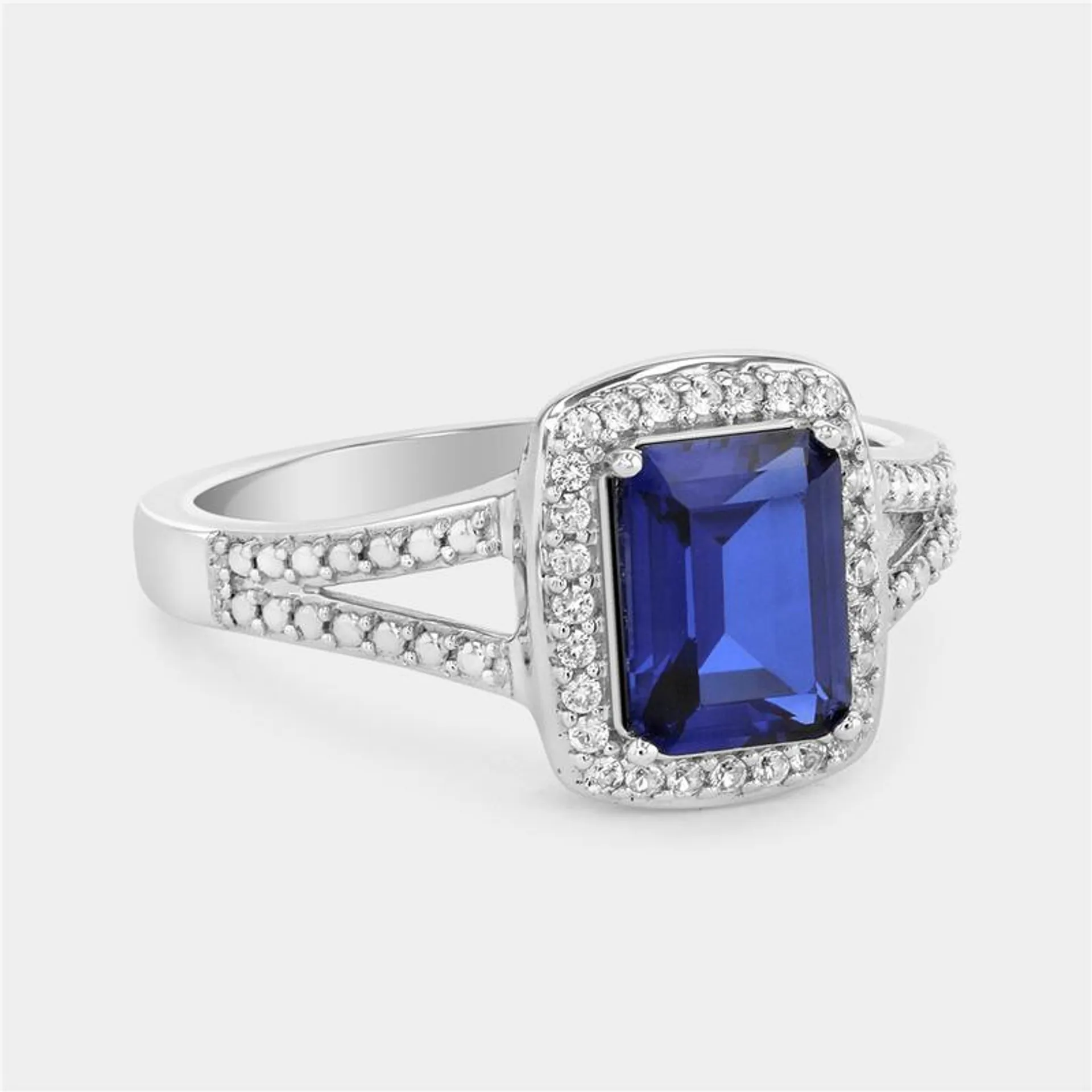 Sterling Silver Diamond & Created Blue Sapphire Rectangle Halo Ring