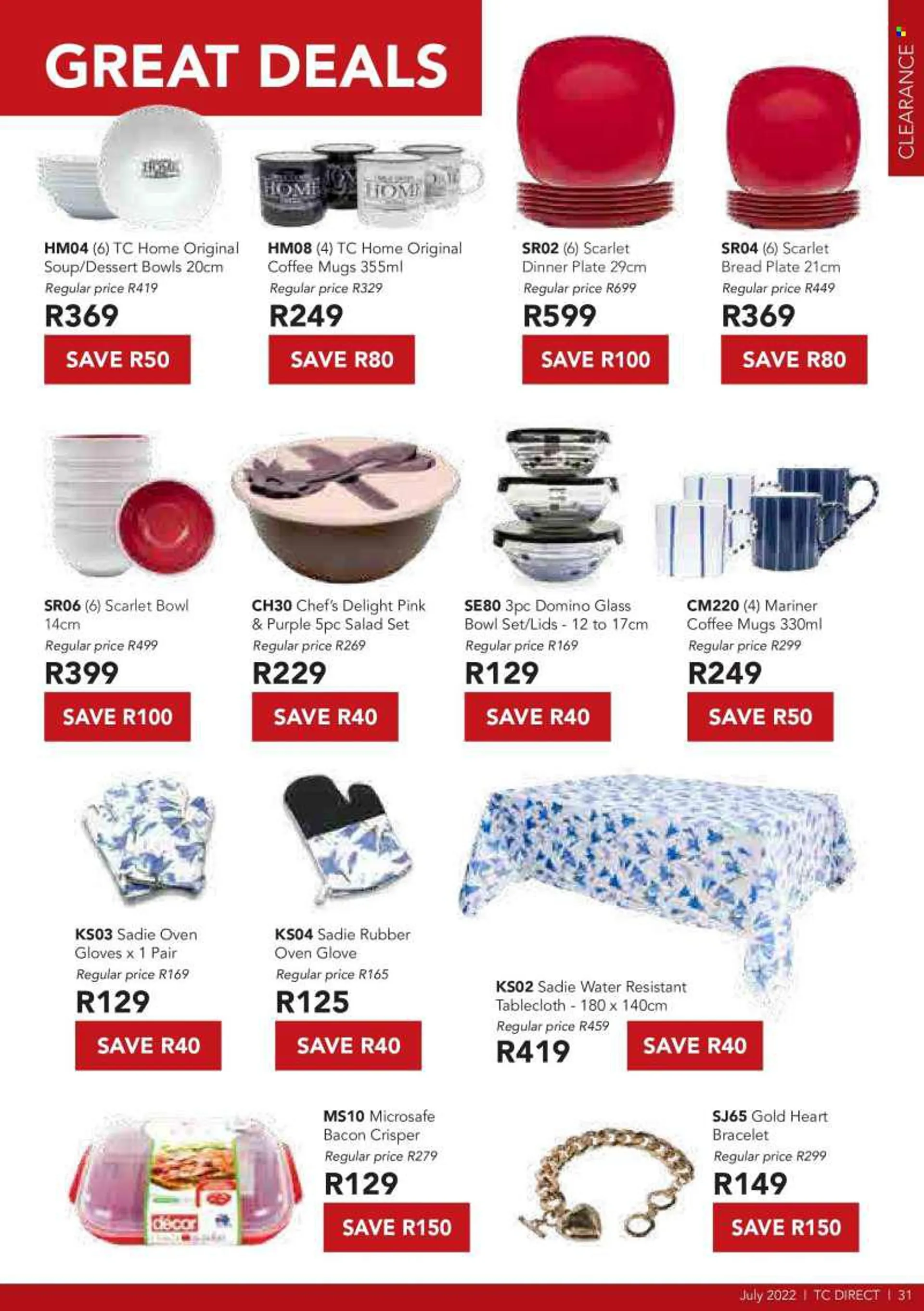 Table Charm Direct catalogue  - 01/07/2022 - 31/07/2022 - Sales products - gloves, plate, bowl set, glass bowl, dinner plate, bowl, tablecloth. Page 32.