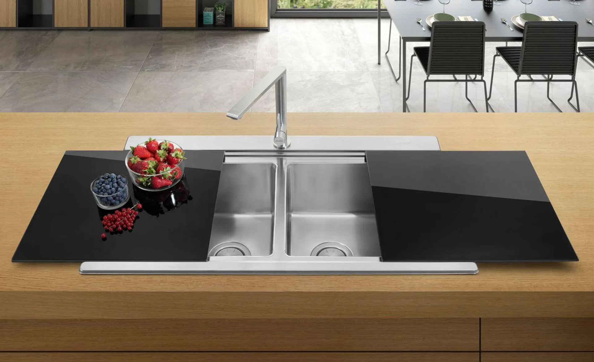 Smeg Mira Black Glass & Stainless Steel Sink Cover Set 407 x 446 x 7mm