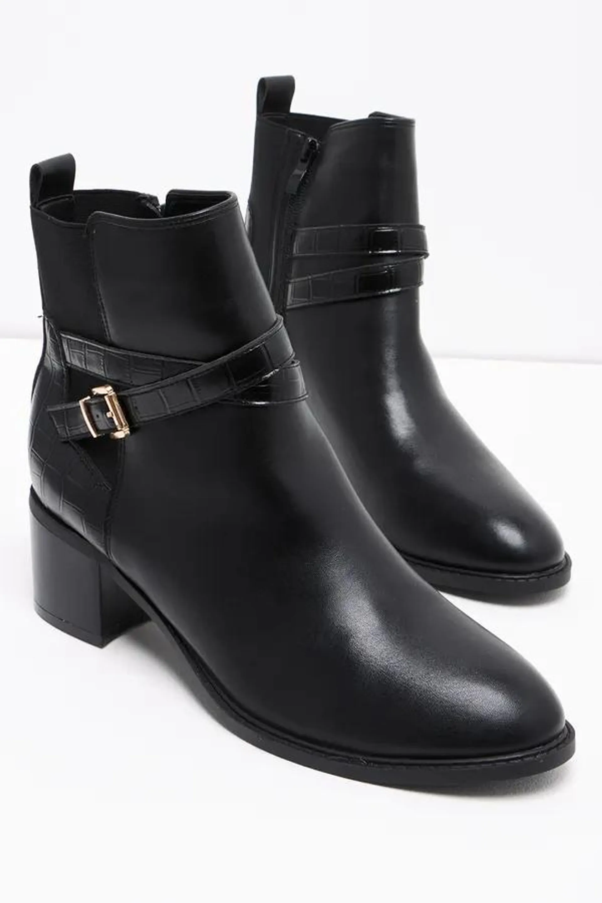 Fabric combo block heel boot black