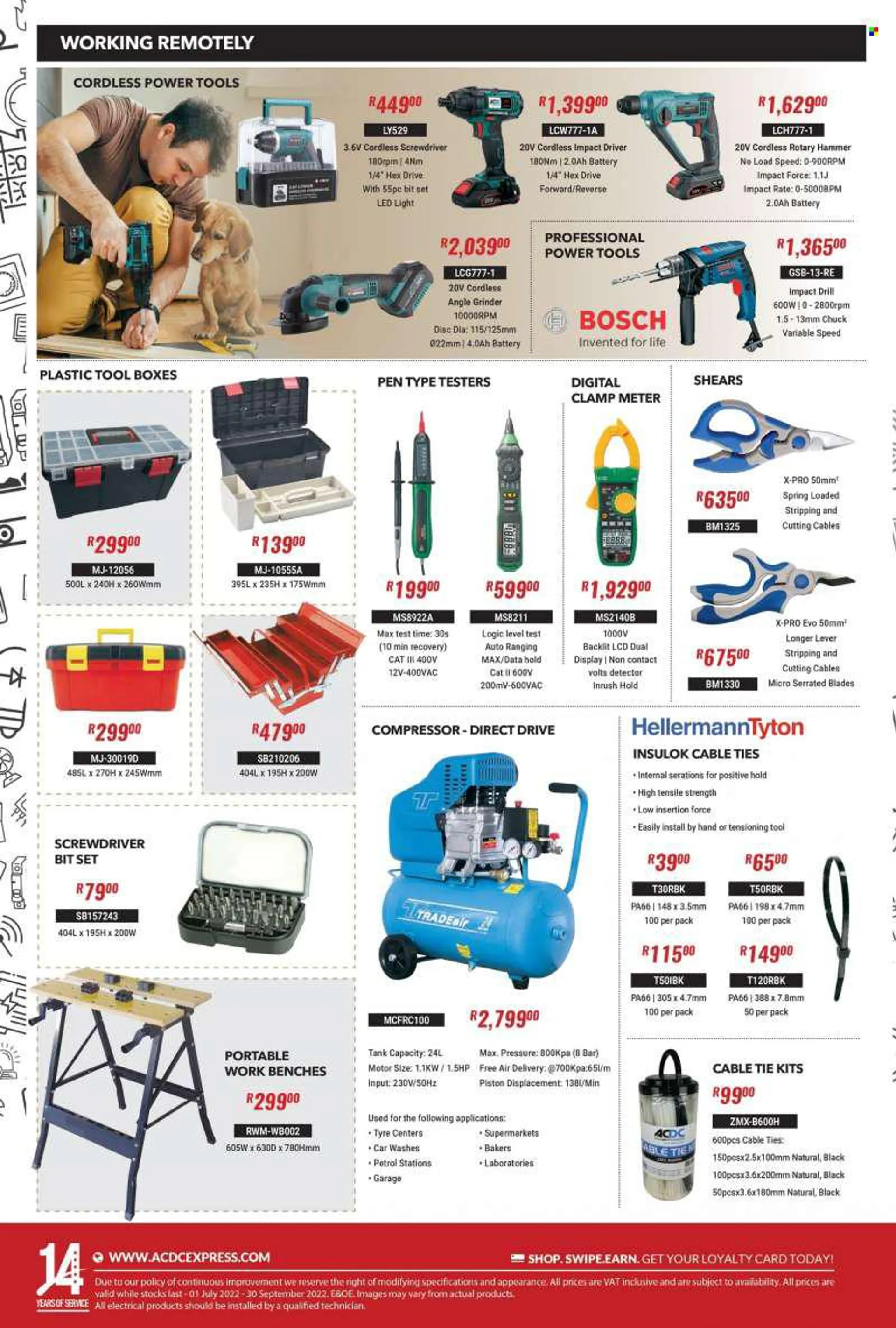 ACDC Express catalogue  - 01/07/2022 - 30/09/2022 - Sales products - battery, impact driver, power tools, grinder, angle grinder, screwdriver bits, tool box, air compressor. Page 4.